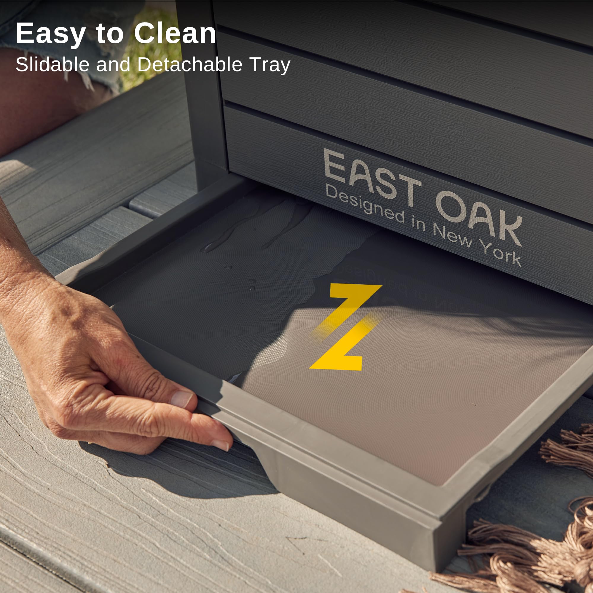 EAST OAK 38 Gallon Outdoor Waterproof Resin Trash Can with Tiered Lid & Drip Tray - Heavy Duty Garbage Bin for Patio, Backyard, Deck & Kitchen - Gray Outdoor Trash Container for Waste Disposal & Recycling
