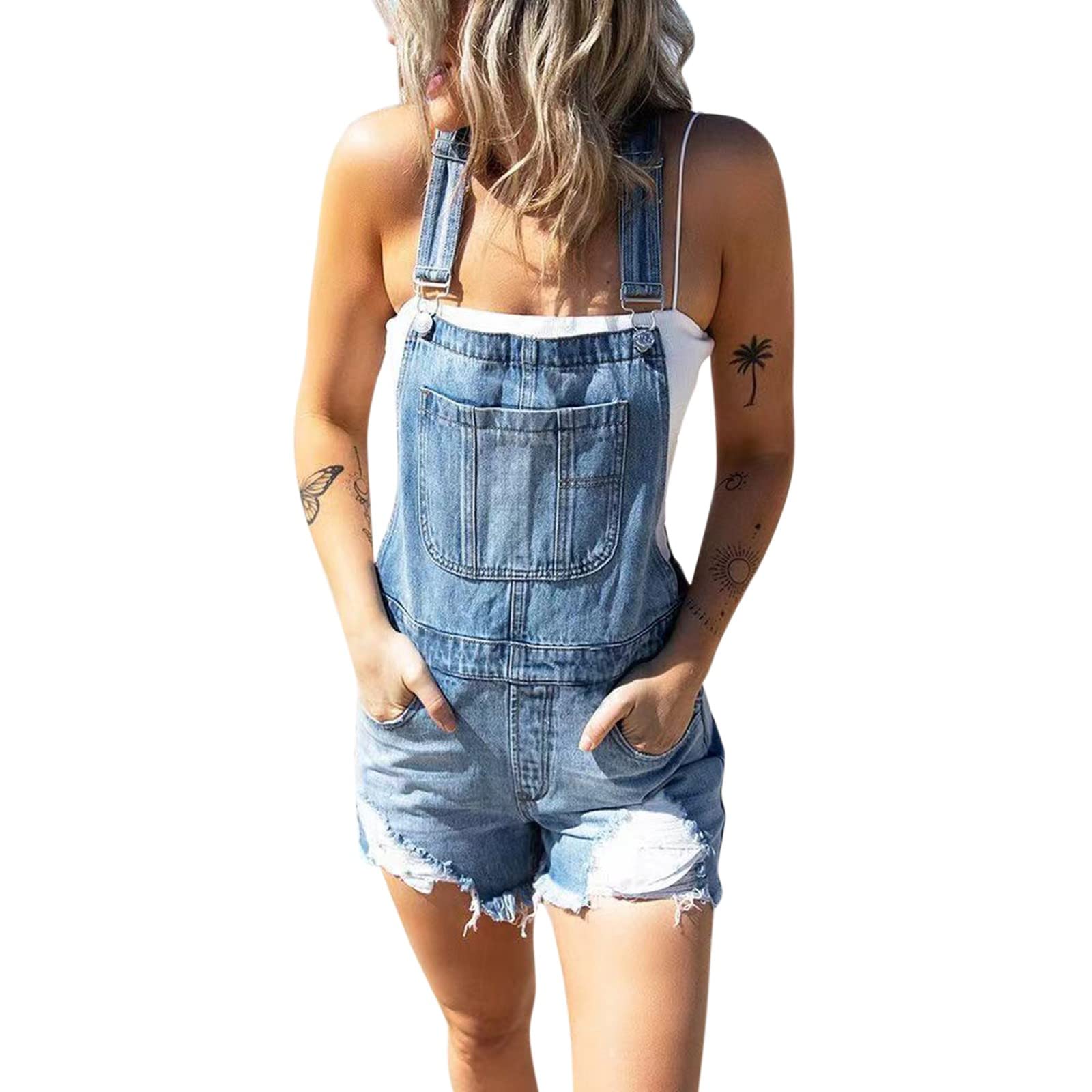 Women's Stretch Denim Shortalls - V-Neck Short Sleeve Romper Overalls in Blue (Size XL) | Casual Summer Outfit, Beach Wear, Festival Fashion
