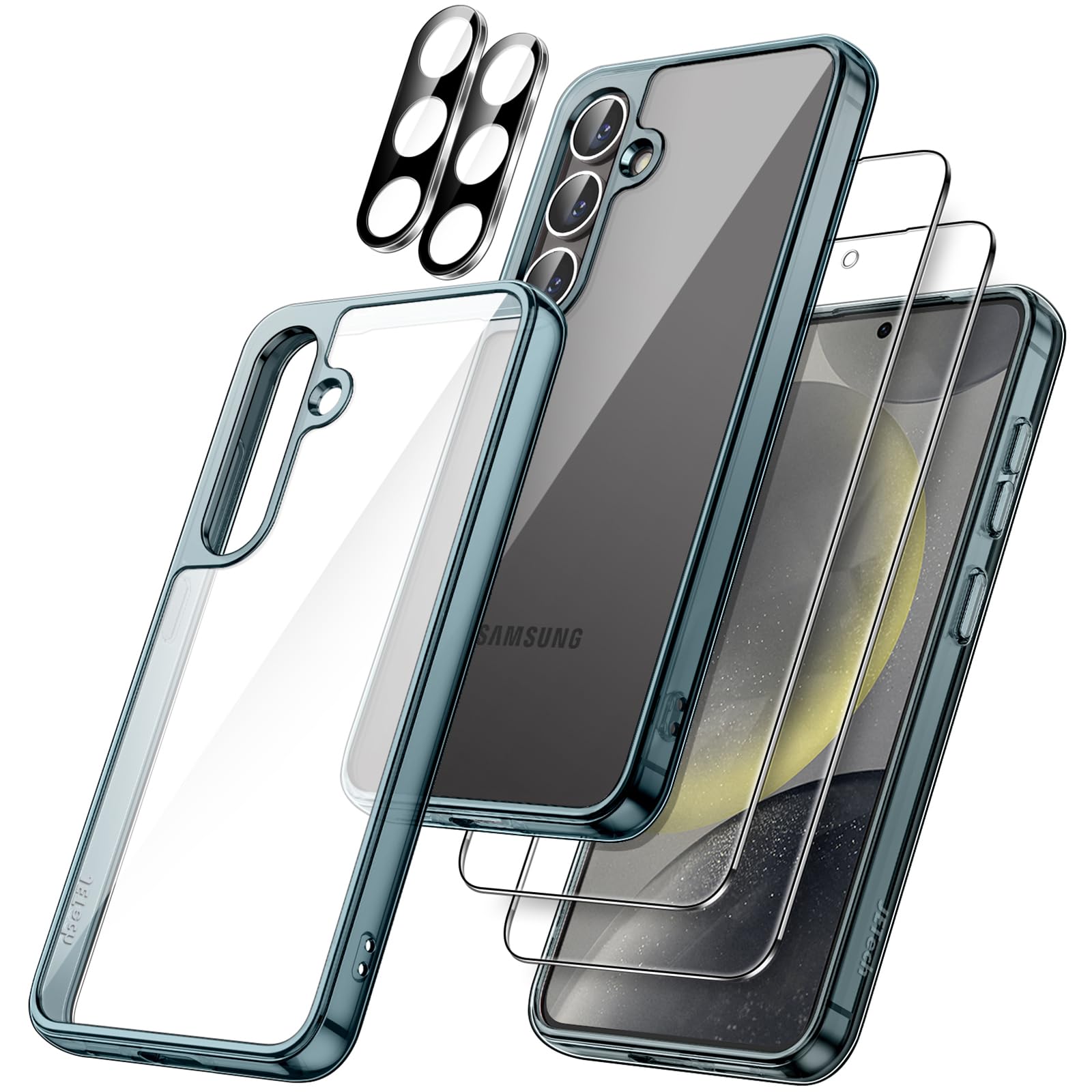JETech 5-in-1 Protective Case for Samsung Galaxy S24+ / S24 Plus 5G - Includes 2-Pack Tempered Glass Screen Protectors & Camera Lens Protector - Shockproof, Non-Yellowing Bumper Phone Cover (Dark Blue) - Perfect for Work, Travel & Outdoor Activities