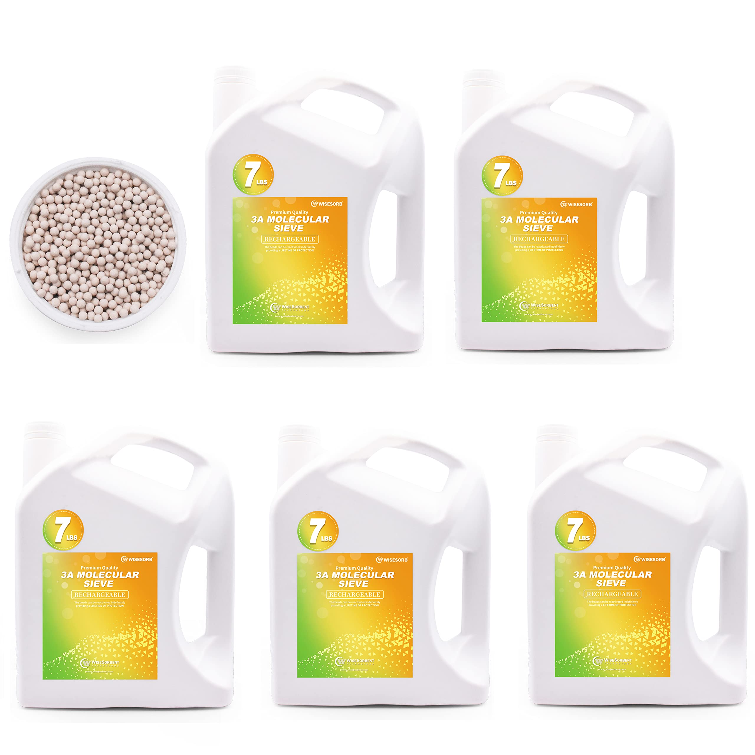 Wisesorb 3A Molecular Sieve Desiccant Beads - 35 LBS (5 Pack of 7 LBS) Moisture Absorbing Dehumidifier for Industrial Storage, Electronics Protection & Boat Dryness | High-Efficiency Humidity Control for Safes, Gun Cabinets & RV Storage