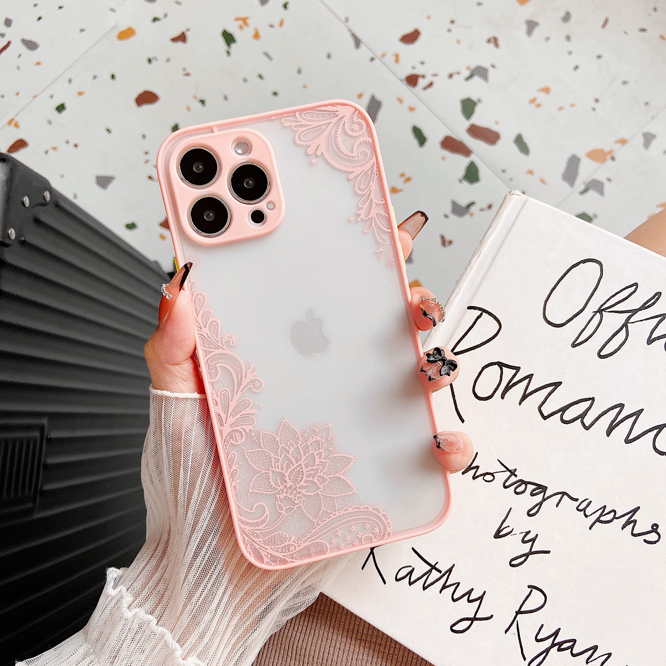 Jmltech iPhone 13 Pro Max Case - Clear Frosted Hard Back Slim Thin Cute Silicone Protective Cover with Flower Mandala Design | Camera Protection | Women's Fashion Phone Case | Perfect for Daily Use, Work & Travel