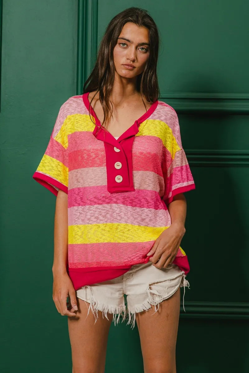 BiBi Women's Multi-Color Striped Hacci Knit Button Detail Ringer T-Shirt | Casual Summer Top for Outfits, Beach & Date Nights