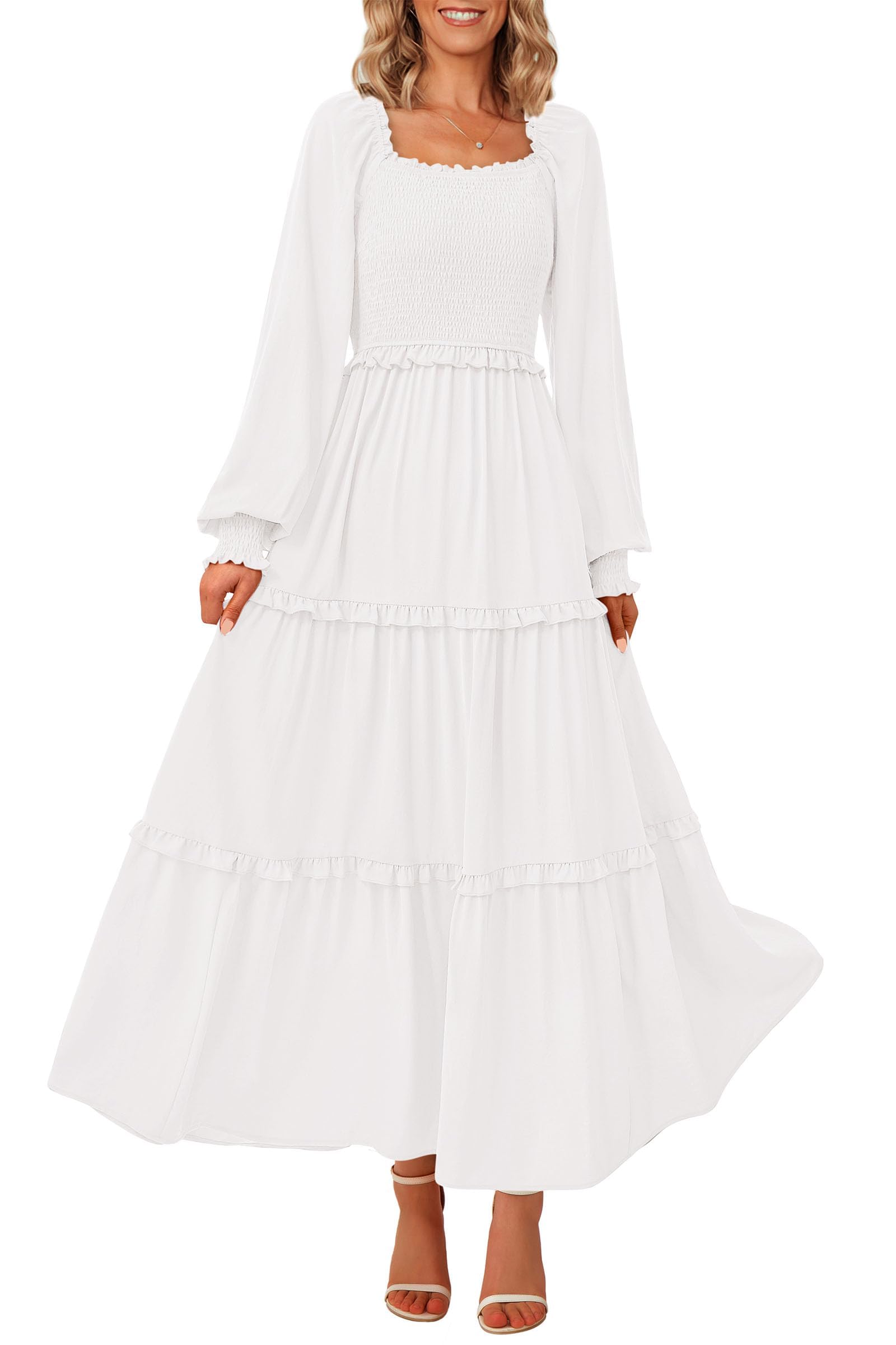 PRETTYGARDEN Women's Smocked Maxi Dress - Long Sleeve Square Neck Tiered A-Line Flowy Dress with Pockets for Spring & Fall | Casual Wear for Brunch, Date Night & Outdoor Events