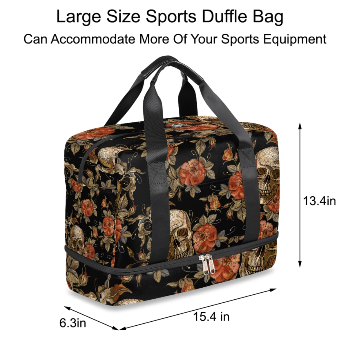 Skull Print Duffel Bag - Skeleton Flower Gym Tote with Wet Pocket & Shoe Compartment - Waterproof Travel Carry On Luggage for Men & Women - Perfect for Gym, Sports, Weekend Trips & Overnight Travel