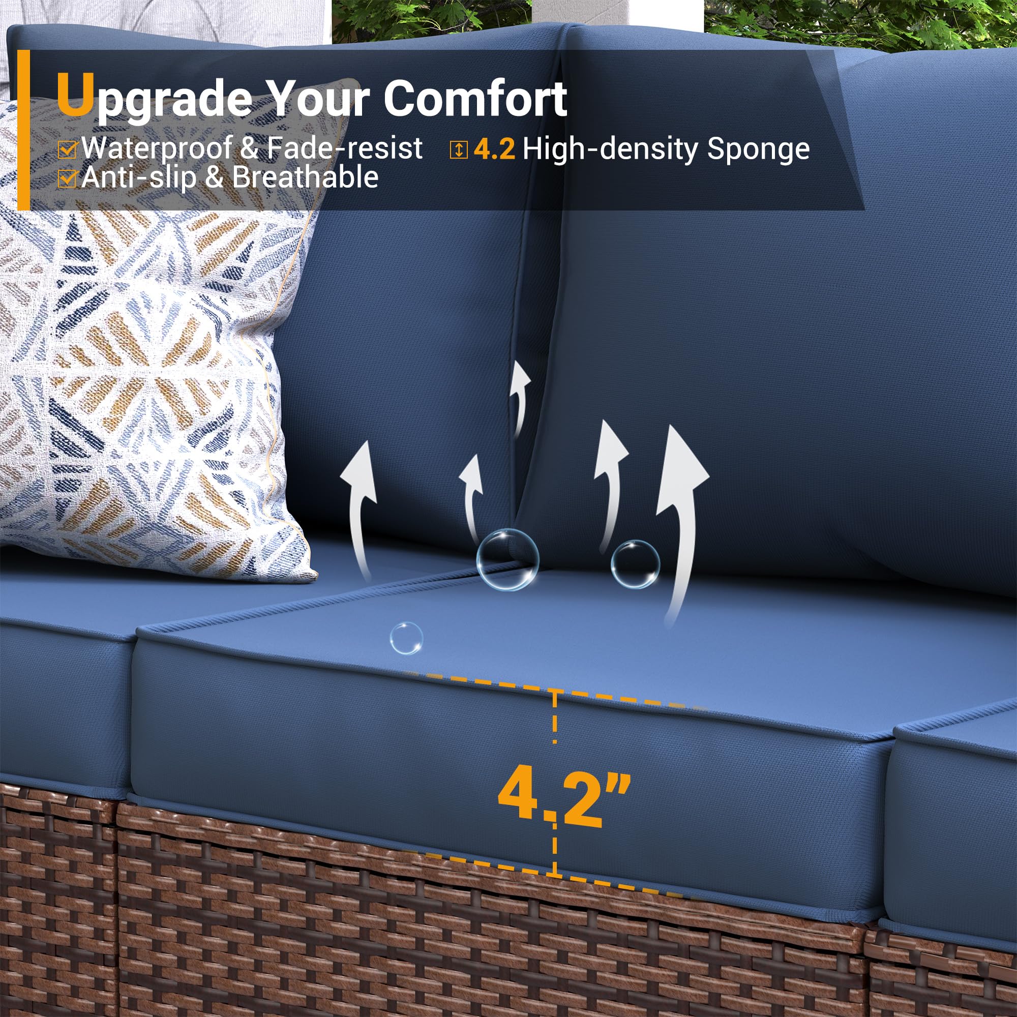 UDPATIO 3-Seat Outdoor Wicker Sofa Set with Steel Frame - Navy Blue Rattan Sectional Couch, Deep Seating High Back Design, Includes Waterproof Cover & Non-Slip Cushions - Perfect for Patio, Garden, Poolside or Backyard Relaxation