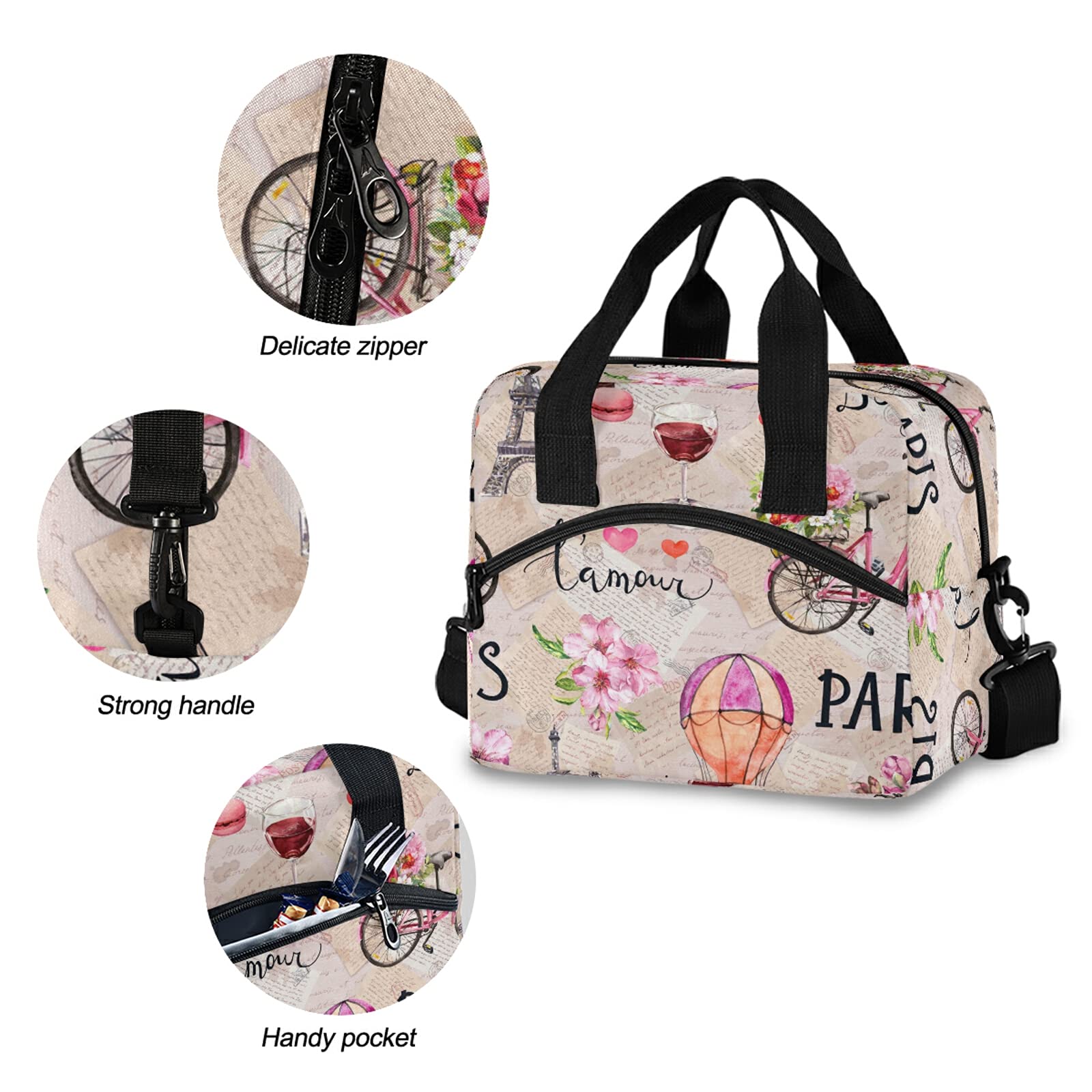 Insulated Lunch Bag Cooler Tote for Women - Large Eiffel Tower Pink Floral Design, Adjustable Shoulder Strap, Portable for Travel, School, Work, Biking & Outdoor Activities