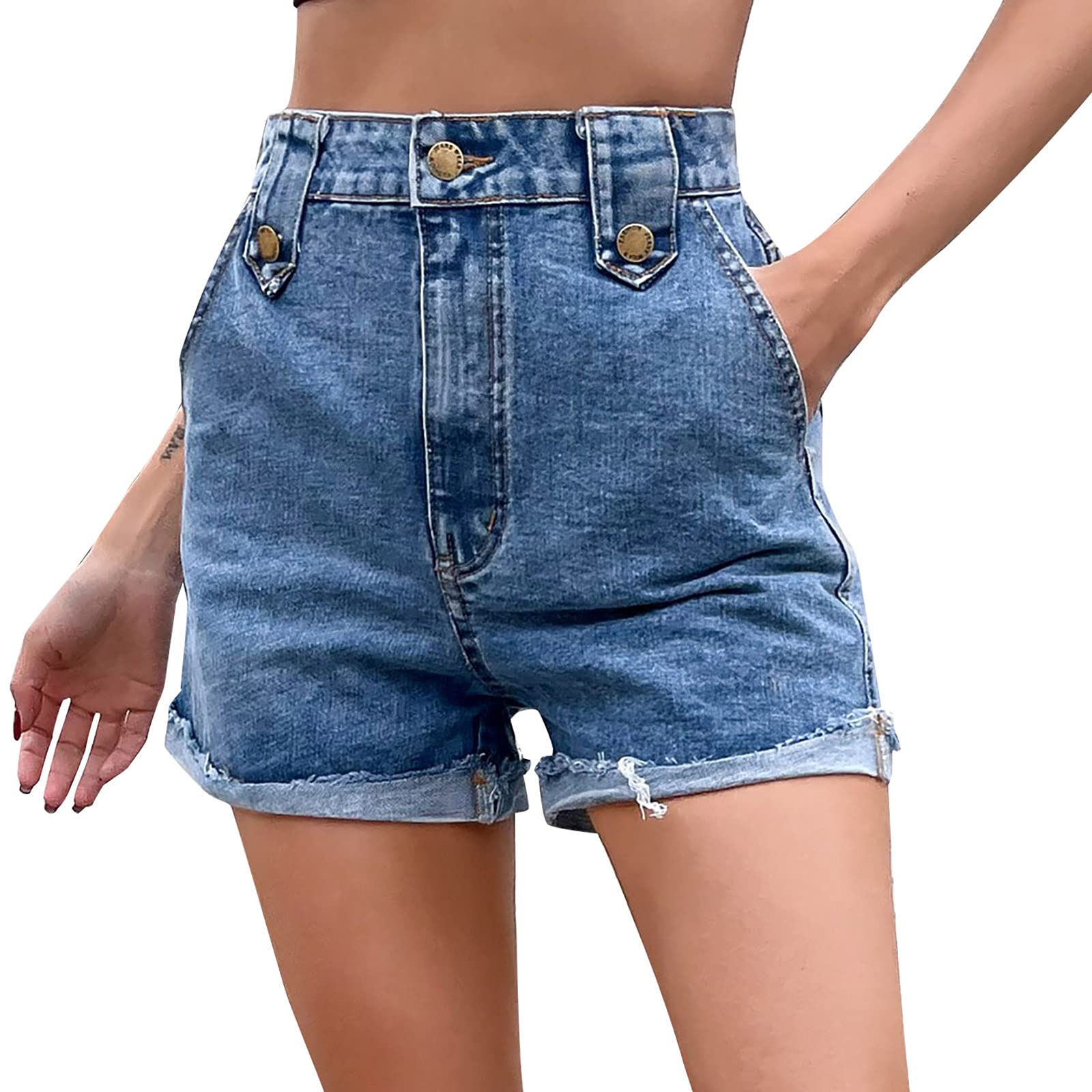 SHENGXINY Women's High Waist Jean Shorts - Fashion Denim Shorts with Pockets, Straight Leg Casual Summer Short Pants | Perfect for Beach, Vacation & Everyday Wear