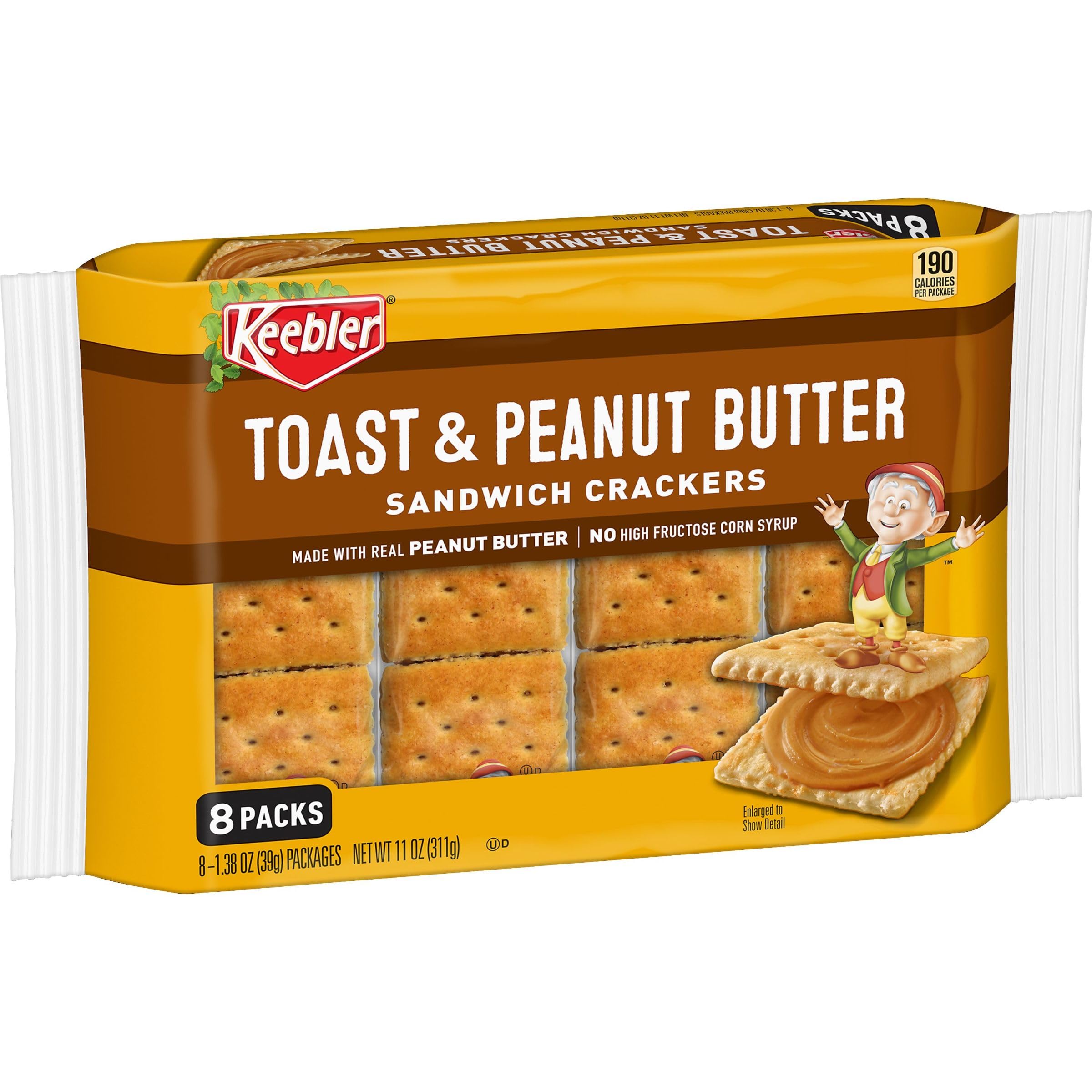 Keebler Sandwich Crackers - Single Serve Snack Crackers with Toast & Peanut Butter - 11oz Tray (8 Packs) - Perfect for School Lunches, Office Snacks & On-the-Go Treats