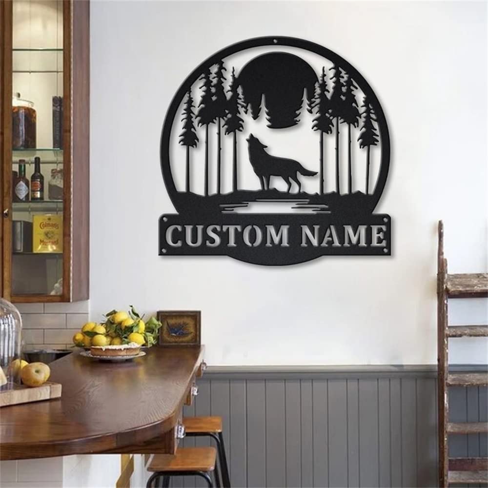 Custom Moon Wolf Metal Wall Art - Personalized Howling Wolf Name Sign for Outdoor, Garage & Bar Decor - Unique Wolf Gifts for Men & Housewarming Presents - Perfect for Cabin, Man Cave & Hunting Lodge Decor