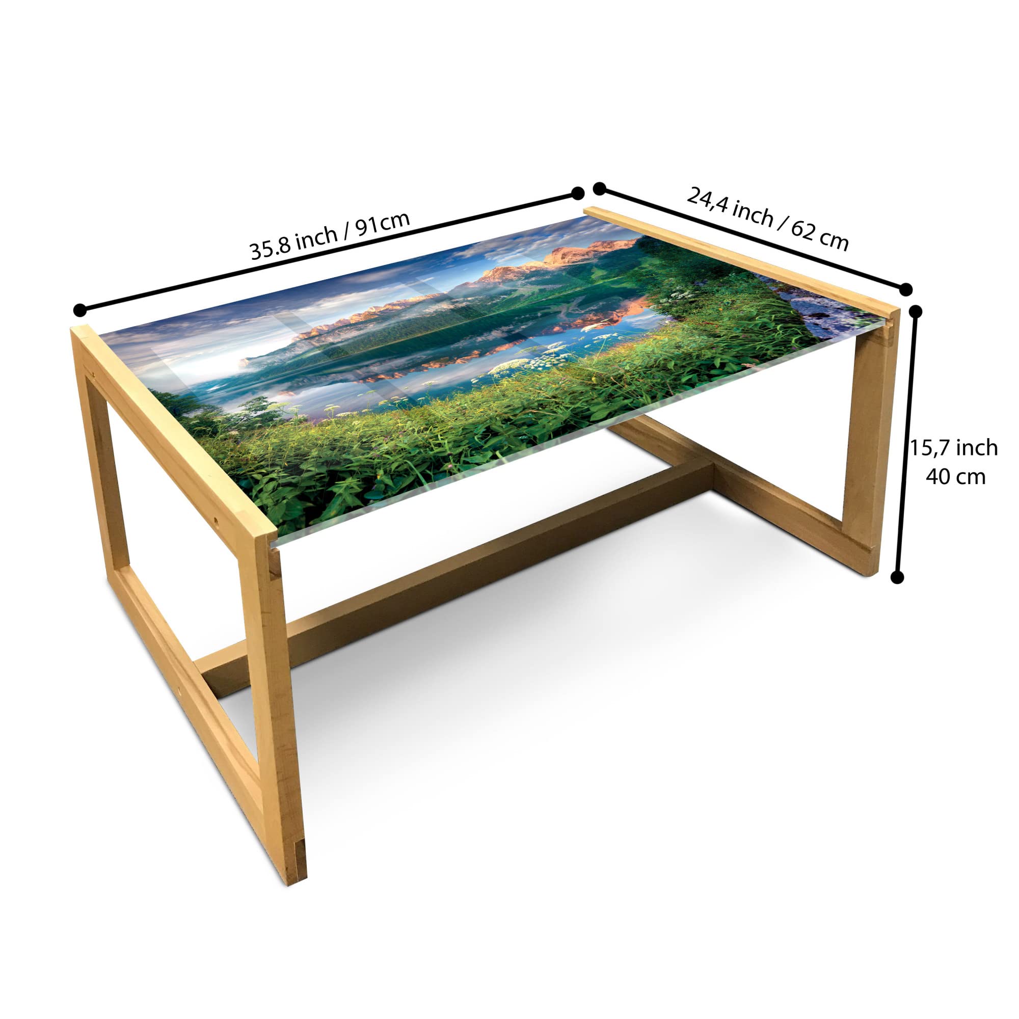 Ambesonne Mountain Coffee Table - Sunny Summer Morning on Lake Austrian Alps with Crystal Mirroring Water, Acrylic Glass Center Table with Wooden Frame for Living Room, Office, Dorm - Large Green Blue Peach Design - Perfect for Home Decor, Modern Spaces & Cozy Gatherings