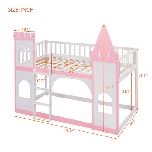 Harper & Bright Designs Twin Over Twin Kids Bunk Bed with Castle Shape - Wooden Loft Bed for Girls & Boys - Space-Saving Bedroom & Dorm Furniture - Perfect for Shared Rooms, Sleepovers & Small Spaces (Pink)