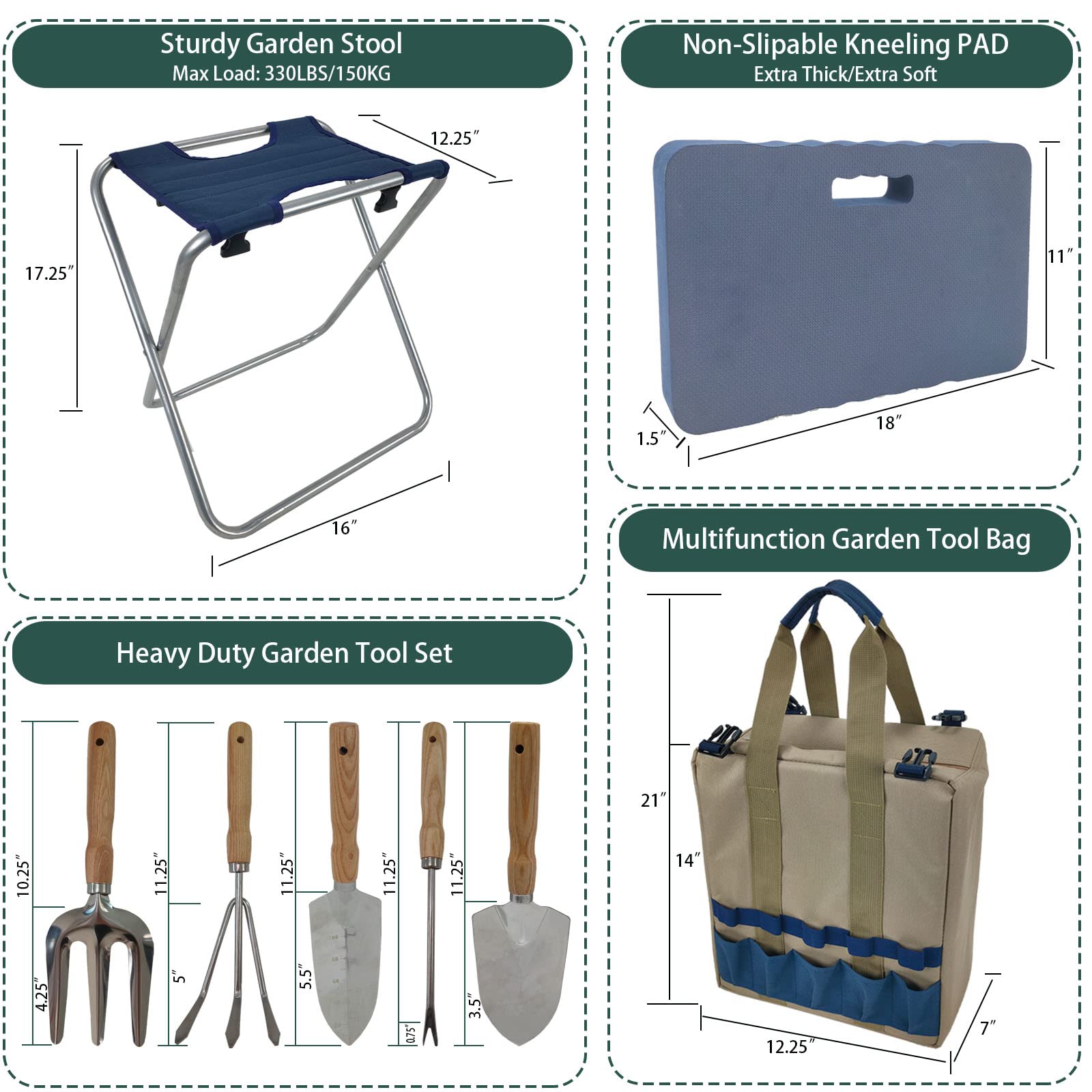 **Foldable Garden Stool with 5 Gardening Tools & Insulated Storage Bag - Ergonomic Kneeler for Outdoor Planting, Weeding, and Landscaping (Navy Blue)**