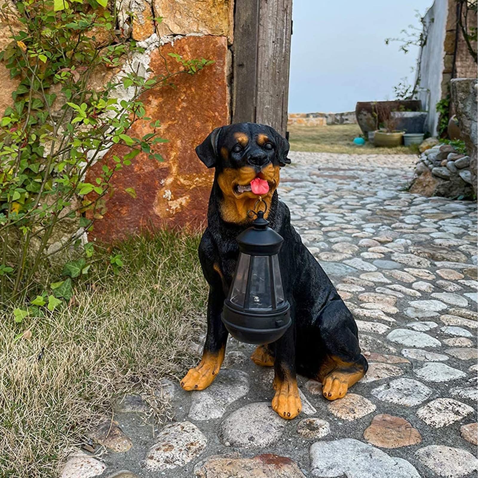 Solar Powered Rottweiler Statue - Outdoor Garden Dog Ornament with Detachable LED Solar Lights Lantern, Weatherproof Resin Decor for Patio, Lawn, Yard & Backyard
