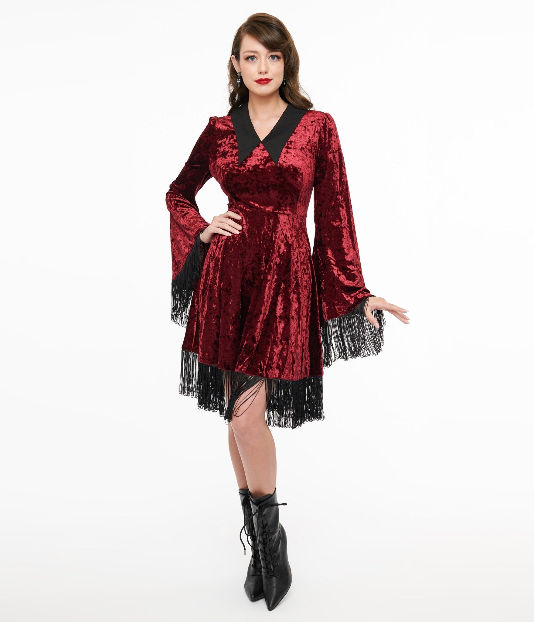 Stylish Red Velvet Fringe Moon Dress with Ghost Print - Perfect for Halloween Parties, Cosplay & Gothic Fashion