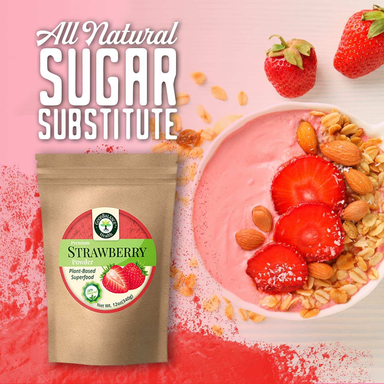 Premium 100% Natural Strawberry Fruit Powder - 12oz Resealable Bag | Non-GMO, Gluten-Free, Vegan | Perfect for Baking, Smoothies, Protein Shakes & Healthy Snacks | No Refined Sugars | Nutritious Flavor Boost for Desserts, Yogurt & Breakfast Bowls