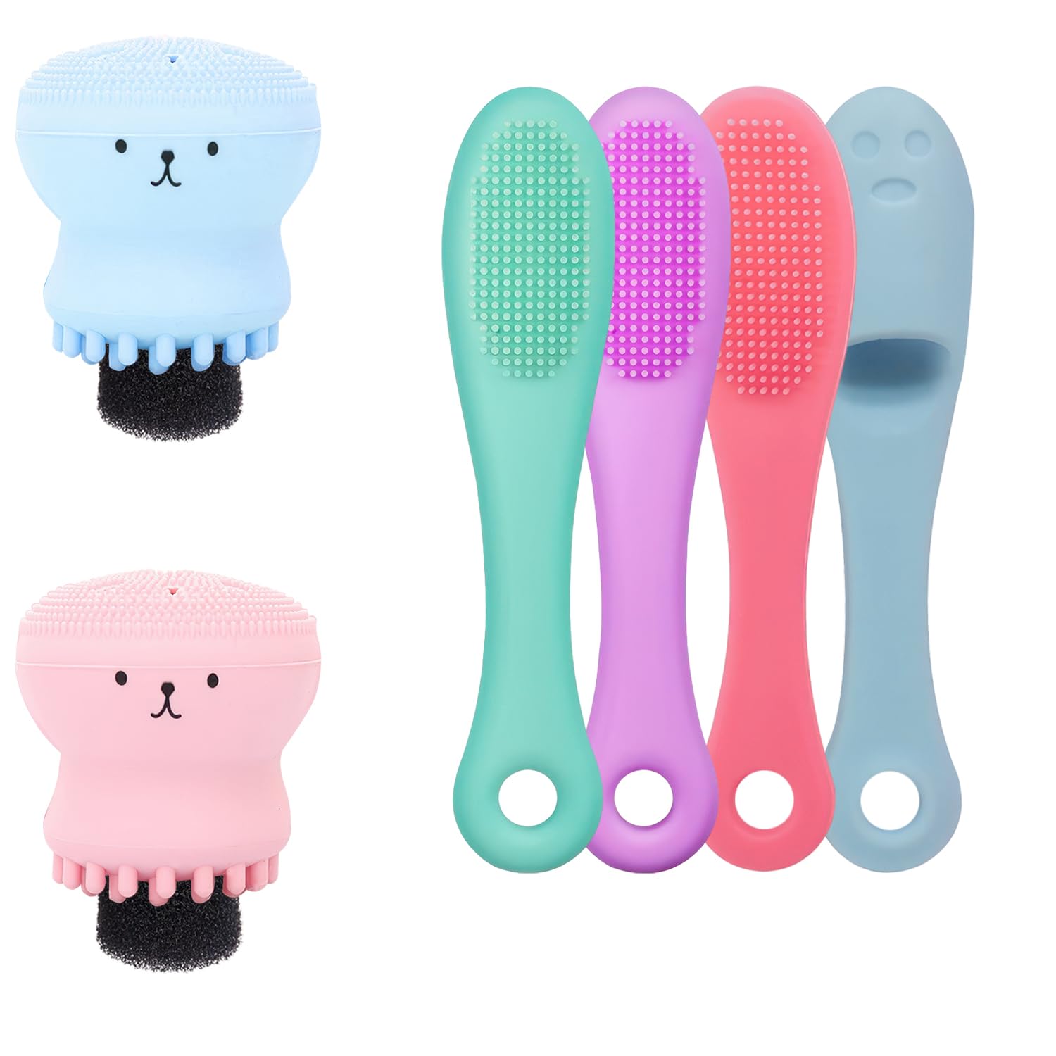 2-Pack Octopus Shape Silicone Bubbler Cleaning Brush & 4-Pack Soft Manual Facial Cleansing Brushes - Gentle Exfoliating Face Scrubber for Blackhead Removal, Deep Pore Cleansing & Massaging - Perfect for Daily Skincare Routine, Makeup Removal & Spa Facial Treatment