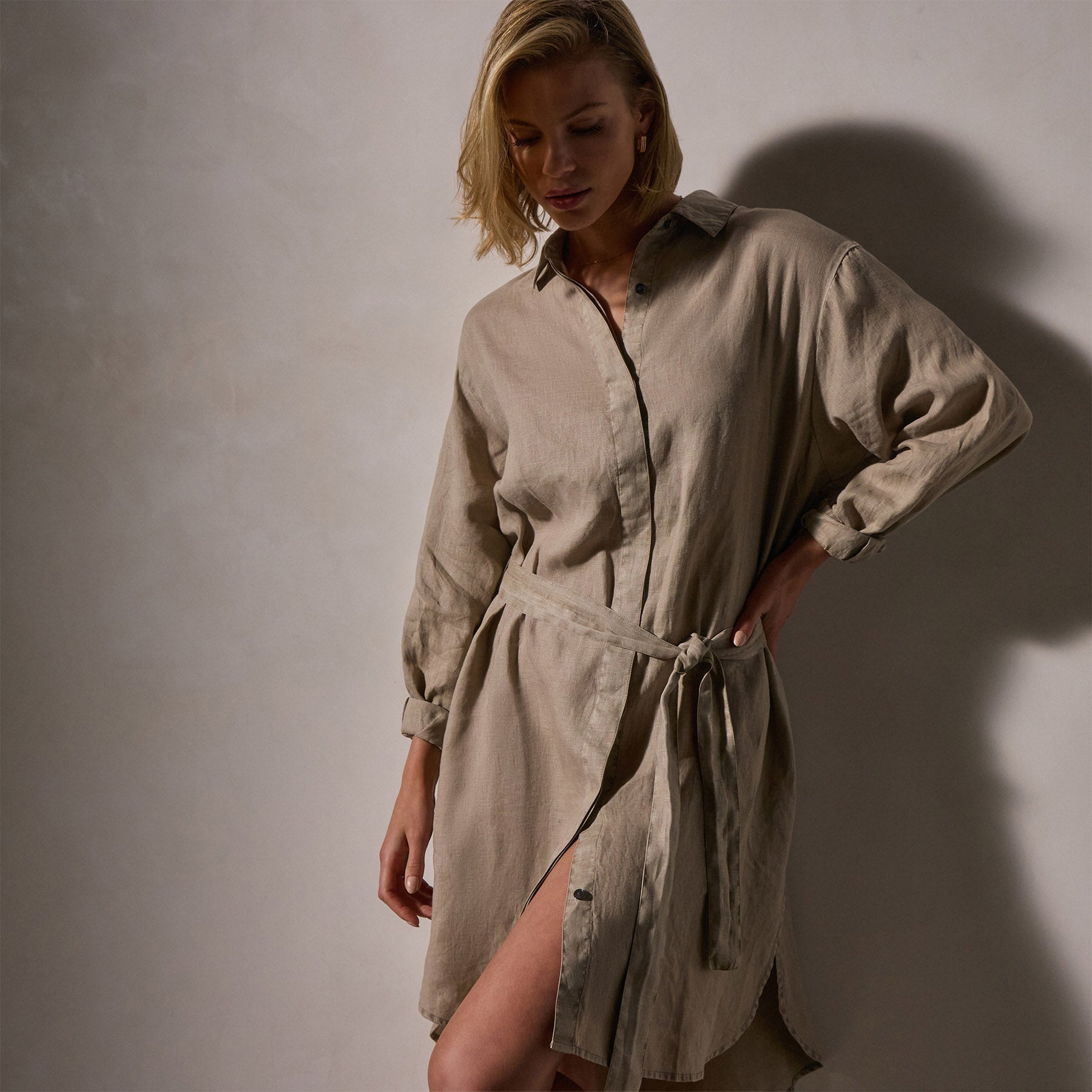 Linen Shirt Dress with Tie - Women's Casual Summer Wrap Dress for Beach, Office & Travel | Overcast Pigment