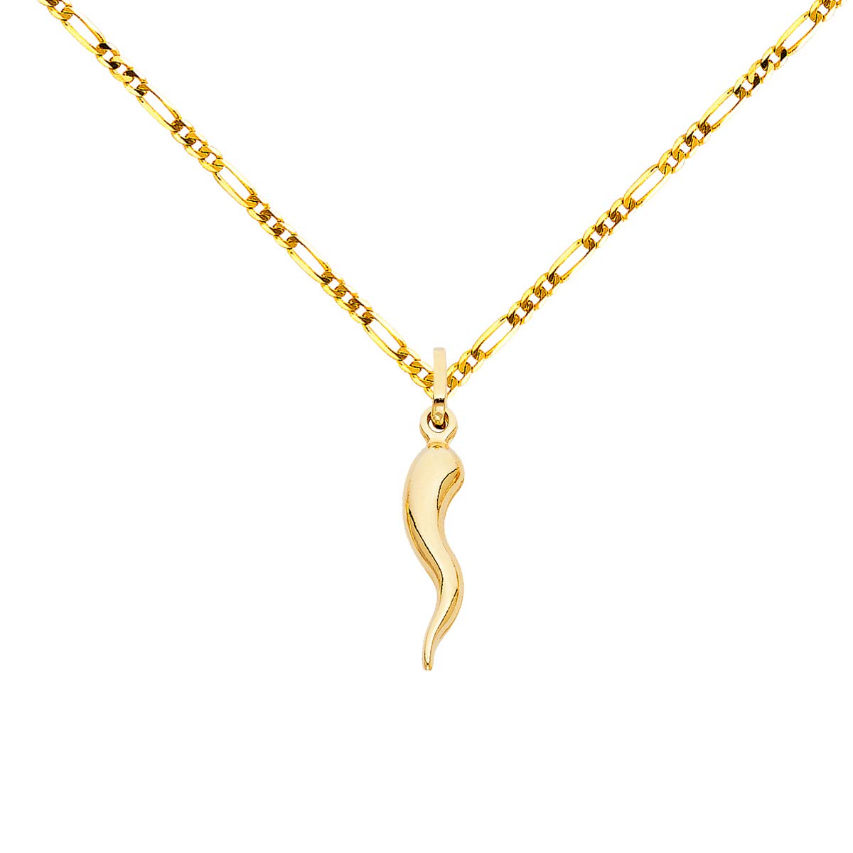14K Yellow Gold Italian Horn Cornicello Charm Pendant Necklace - 1.9mm Figaro Chain (3+1 Length) - Good Luck Jewelry Gift for Women - Perfect for Birthday, Anniversary & Everyday Wear