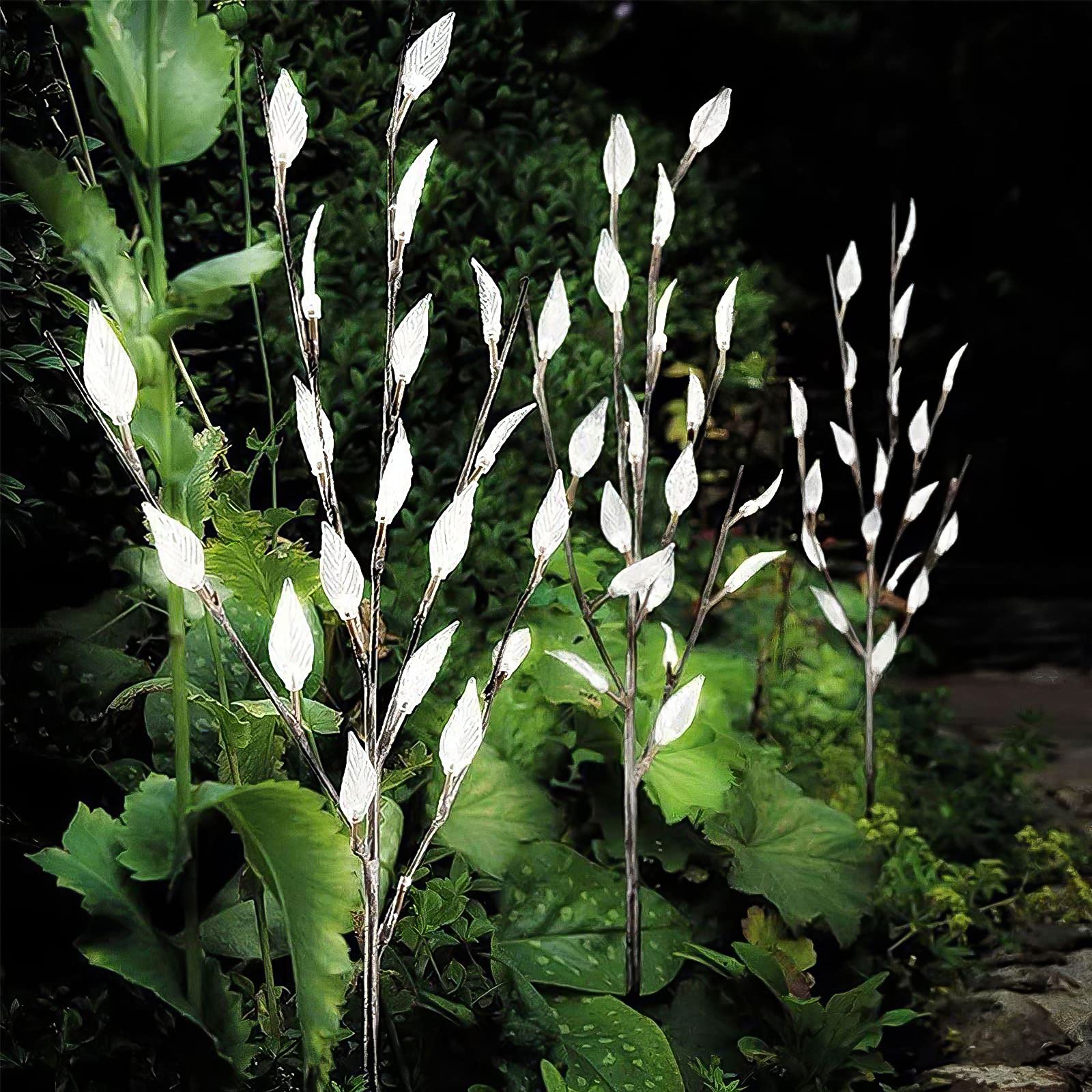 60 LED Solar Garden Lights Outdoor 3 Pack - Waterproof Leaf Branch Fairy Lights for Patio, Lawn, Pathway & Yard Decor | Cool White Twig Stake Landscape Lighting for Christmas, Party & Evening Ambiance