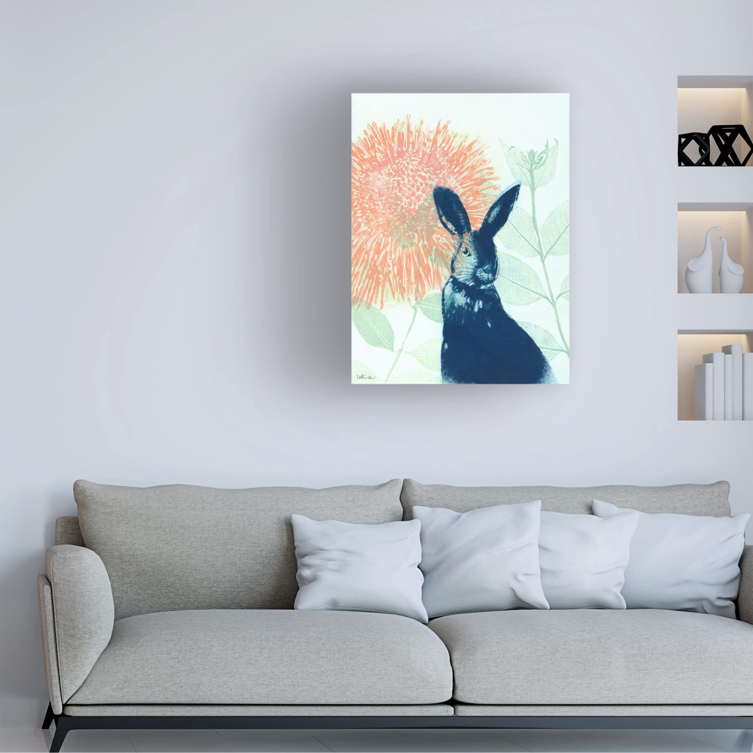 Trademark Fine Art 'Pink Waratah and Blue Rabbit' Canvas Wall Art by Trudy Rice - Floral and Animal Painting for Living Room, Bedroom, and Office Decor