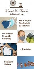 Looms & Threads Handmade 4-Ply Cloth Face Mask with Wide Coverage & Inverted V Cut - Reusable, Washable (3 Pack) for Men, Women & Kids - Perfect for Daily Use, Travel & Outdoor Activities
