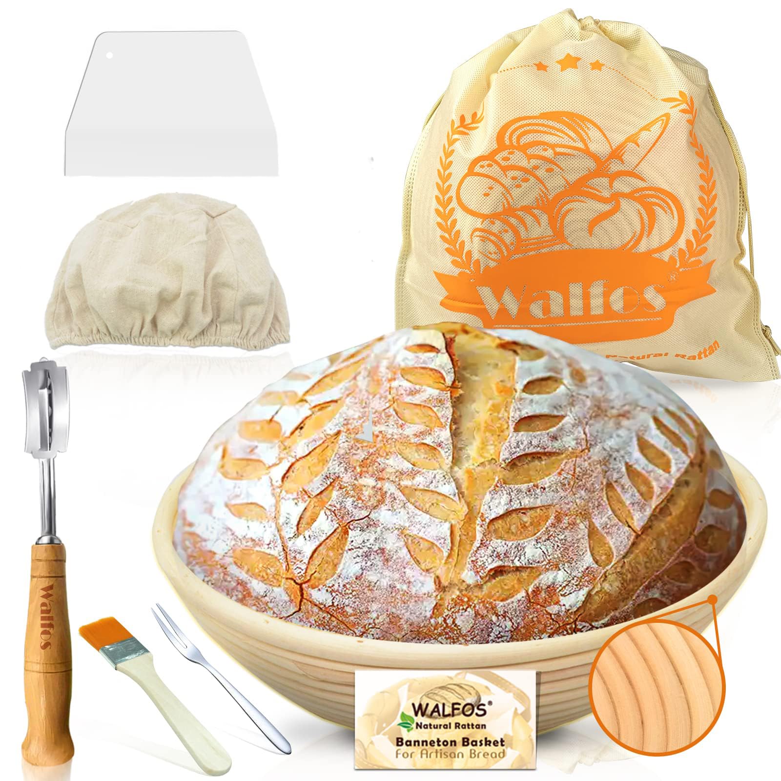 Walfos 23cm Round Banneton Proofing Basket Set - 100% Natural Rattan Sourdough Bread Basket with Lame, Dough Scraper, Liner & Accessories for Artisan Bread Baking | Perfect for Home Bakers & Professional Bakeries