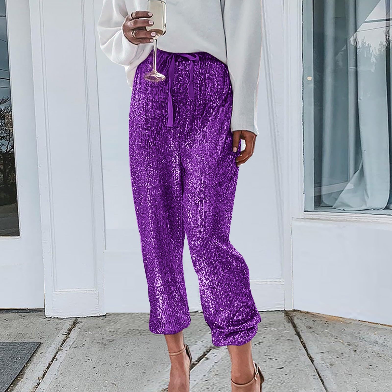 Sparkle Pants for Women - Sequin Glitter Pencil Pants with Drawstring Waist | Shiny Party Pants for Evening Events, Night Out & Special Occasions