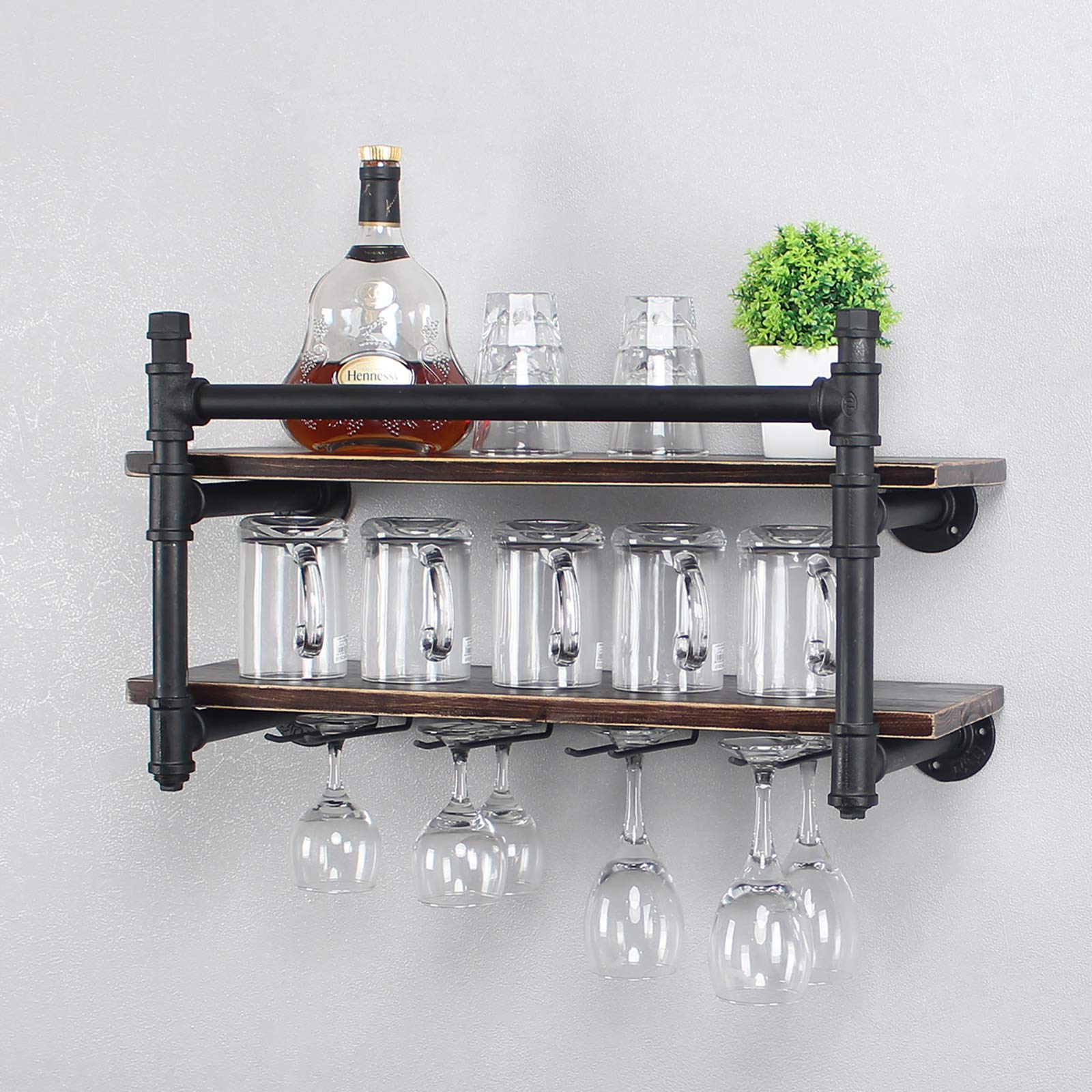 **Industrial Wall Mounted Wine Rack - Rustic Wood Floating Shelf with 4 Stem Glass Holder, 24