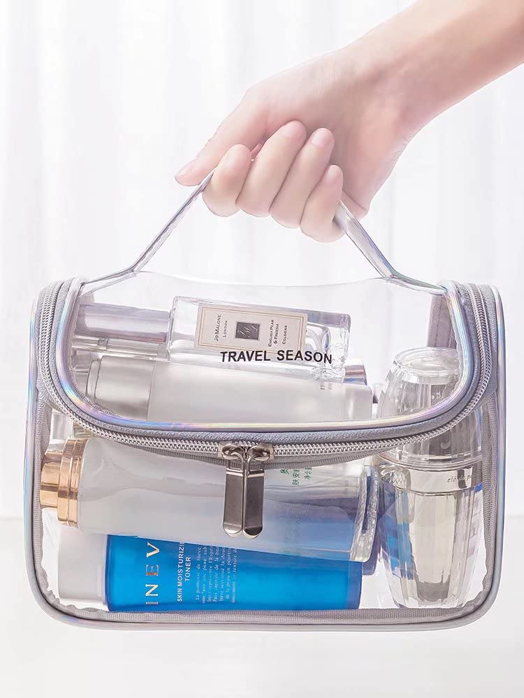 Clear Transparent Toiletry Bag with Zipper & Handle - Large Waterproof Cosmetic Organizer for Travel (22x15x14cm) - Perfect for Makeup Storage, Shower Essentials & Airport Security Checks