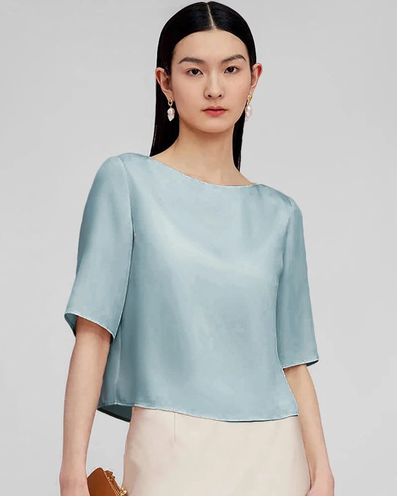 Half Sleeve Basic Silk Blouse for Women - Elegant Casual & Office Wear - Soft Breathable Silk Top for Summer & Spring