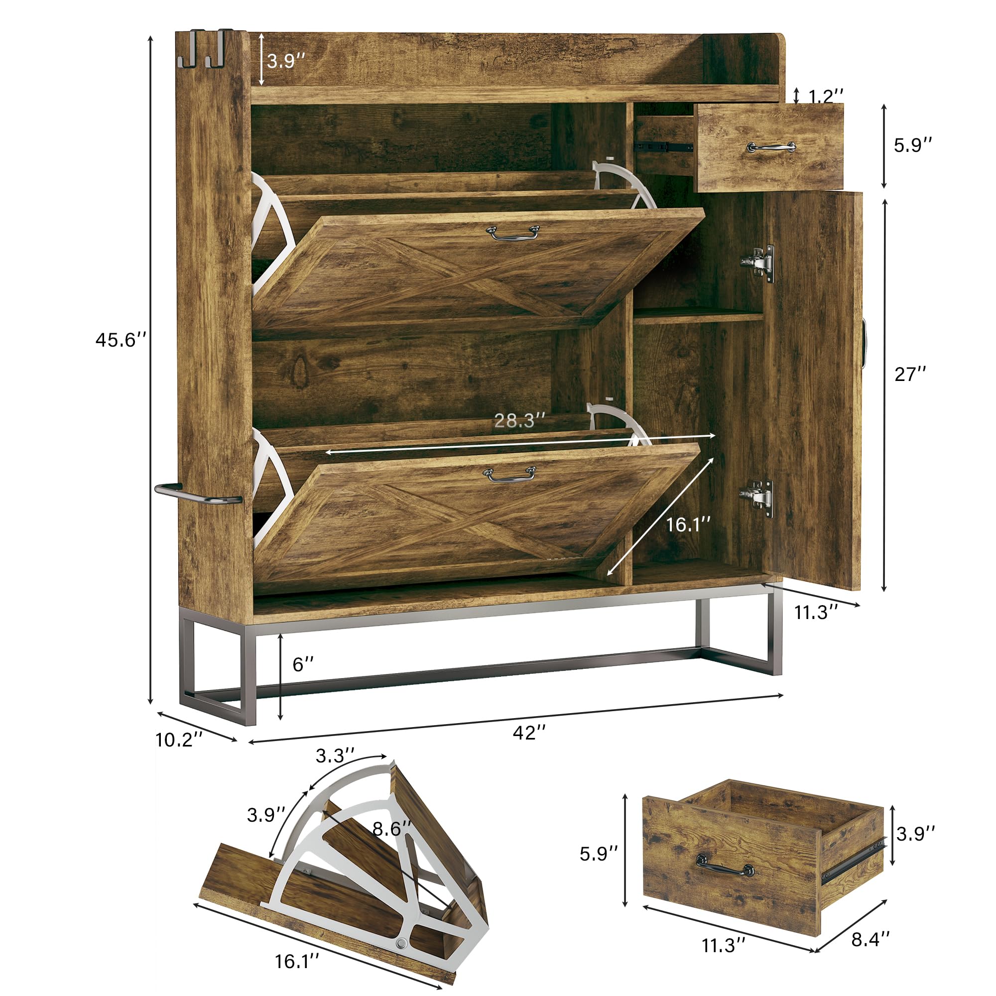 Freestanding Shoe Storage Cabinet with 2 Flip Drawers & Side Cabinet - Adjustable Shelves Shoe Organizer for Entryway, Hallway, Living Room - Brown Wooden Shoe Rack for Home Organization & Closet Storage