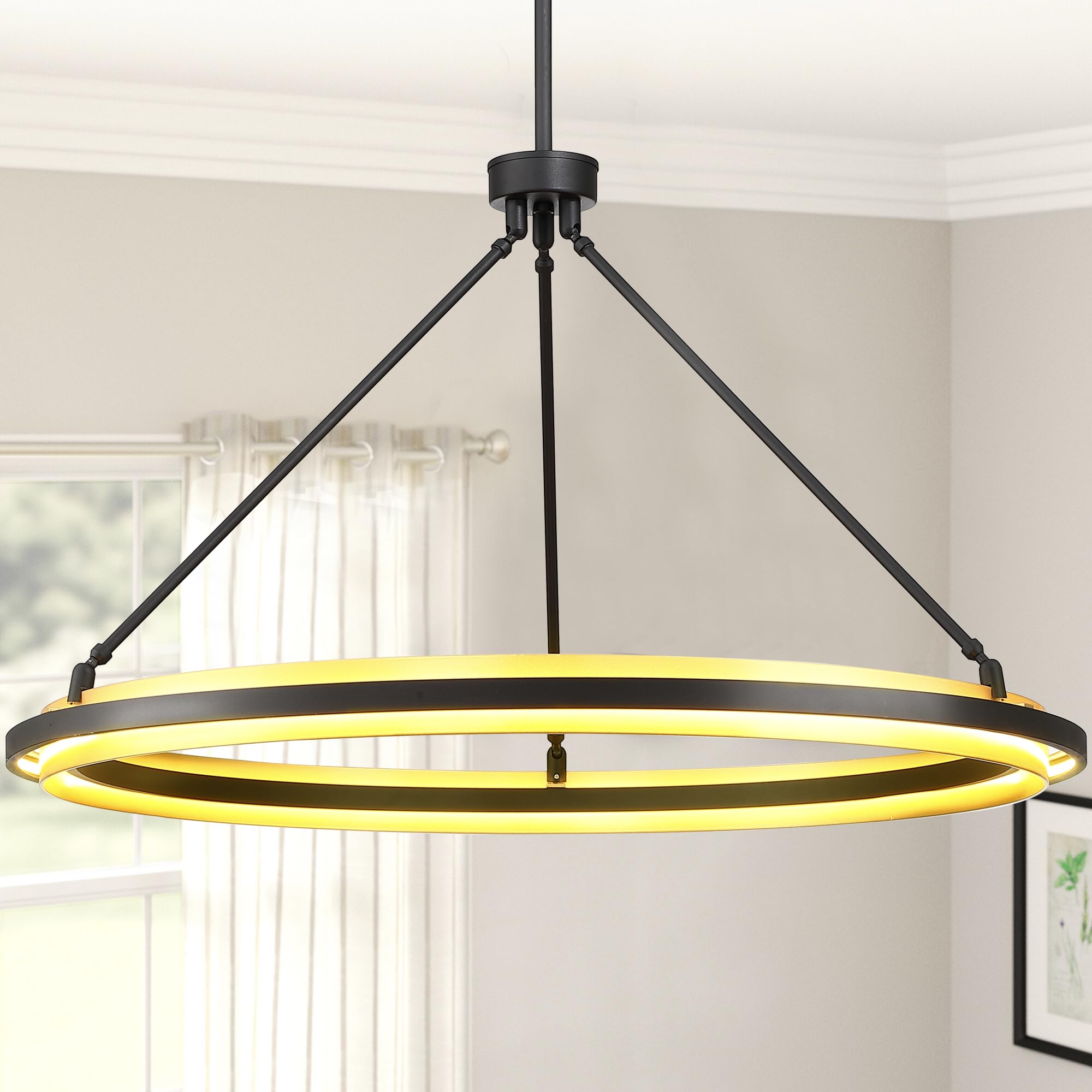 Modern Black & Gold LED Round Chandelier - Adjustable Hanging Pendant Light Fixture for Kitchen Island, Dining Room, Bedroom | Energy-Efficient Ceiling Lighting for Home Decor & Ambiance