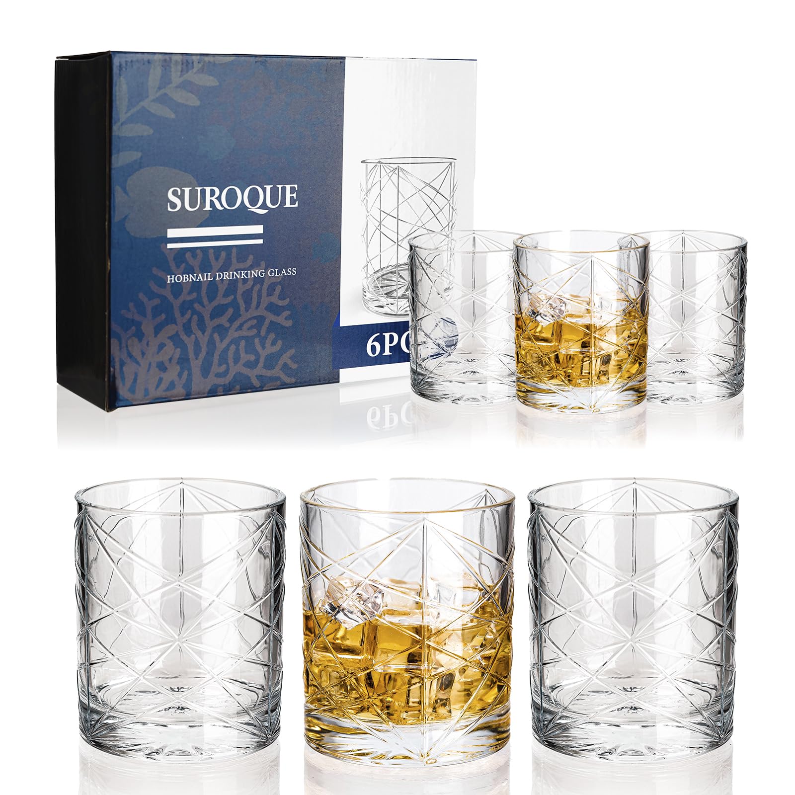 6-Piece 10oz Vintage Cocktail Glasses Set - Whiskey, Bourbon, Water - Perfect for Bar & Gifts