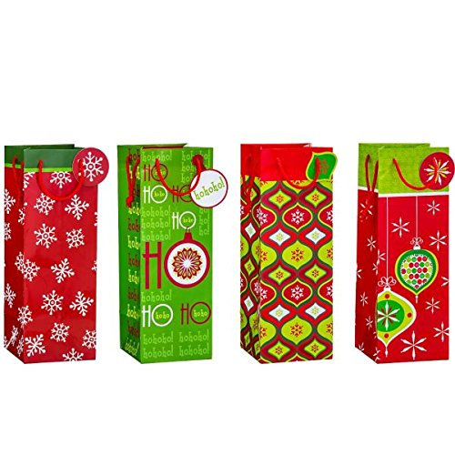 Christmas Glossy Bottle Gift Bags Value Pack - 4 Red & Green Holiday Paper Bags (14