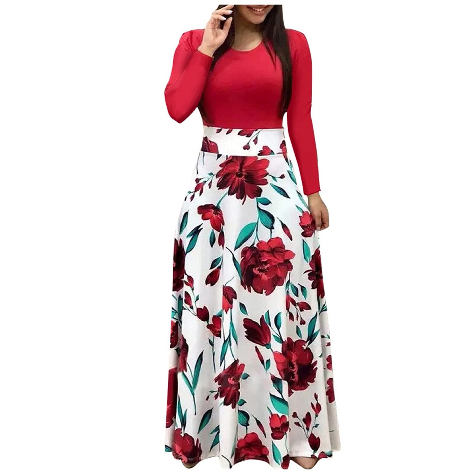 HAOREEKZ Women's Bodycon Dress - Sexy Printed Round Neck Long Sleeve Cocktail Dress for Party, Vacation & Casual Wear | Waist Accent Design | Available in Red & Small Size | Perfect for Night Out, Date Night and Special Occasions