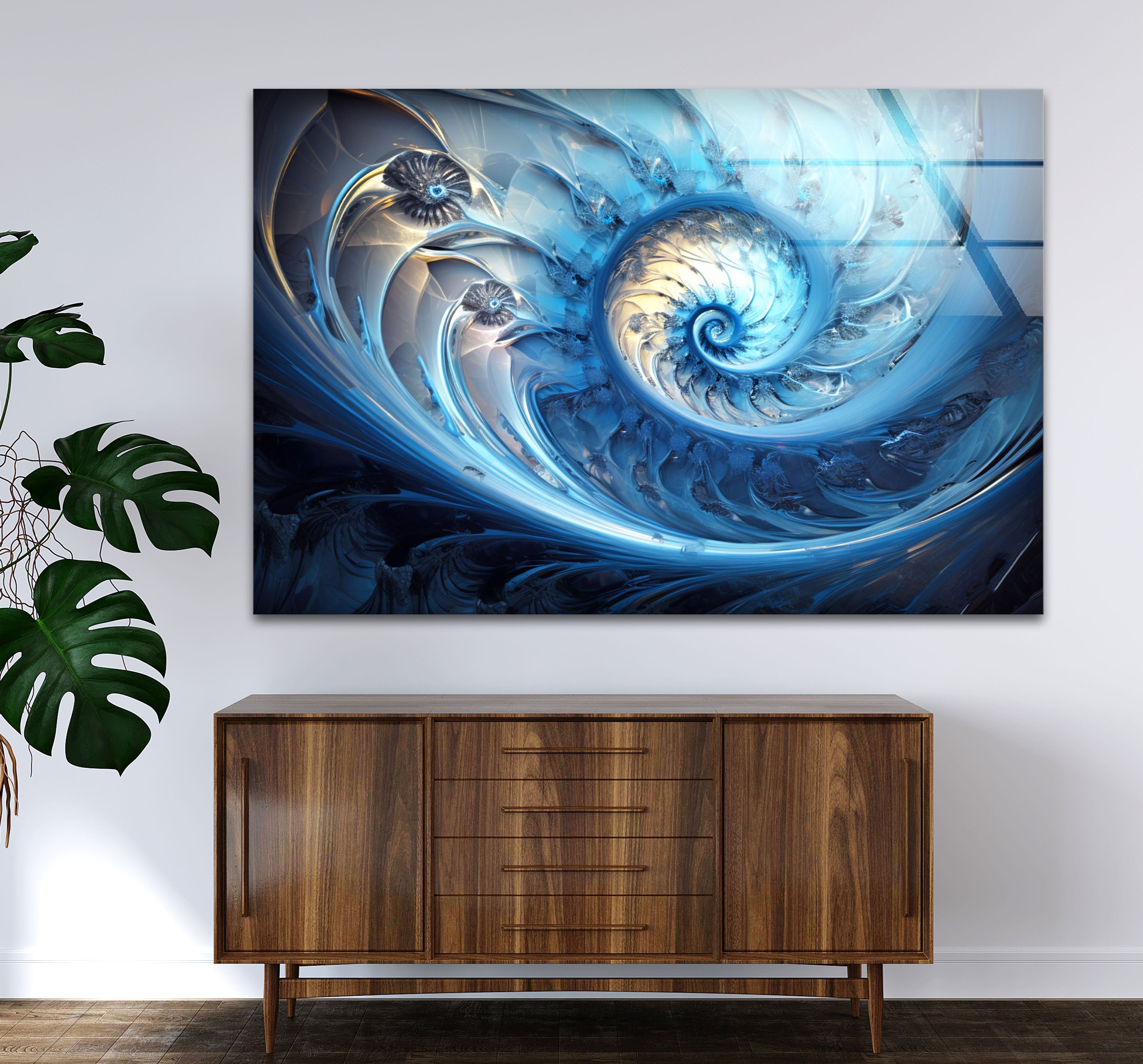Blue Fractal Spiral Wall Art - Abstract Nautilus Glass Print for Modern Living Room & Office Decor | Perfect for Contemporary Home & Workspace Interiors
