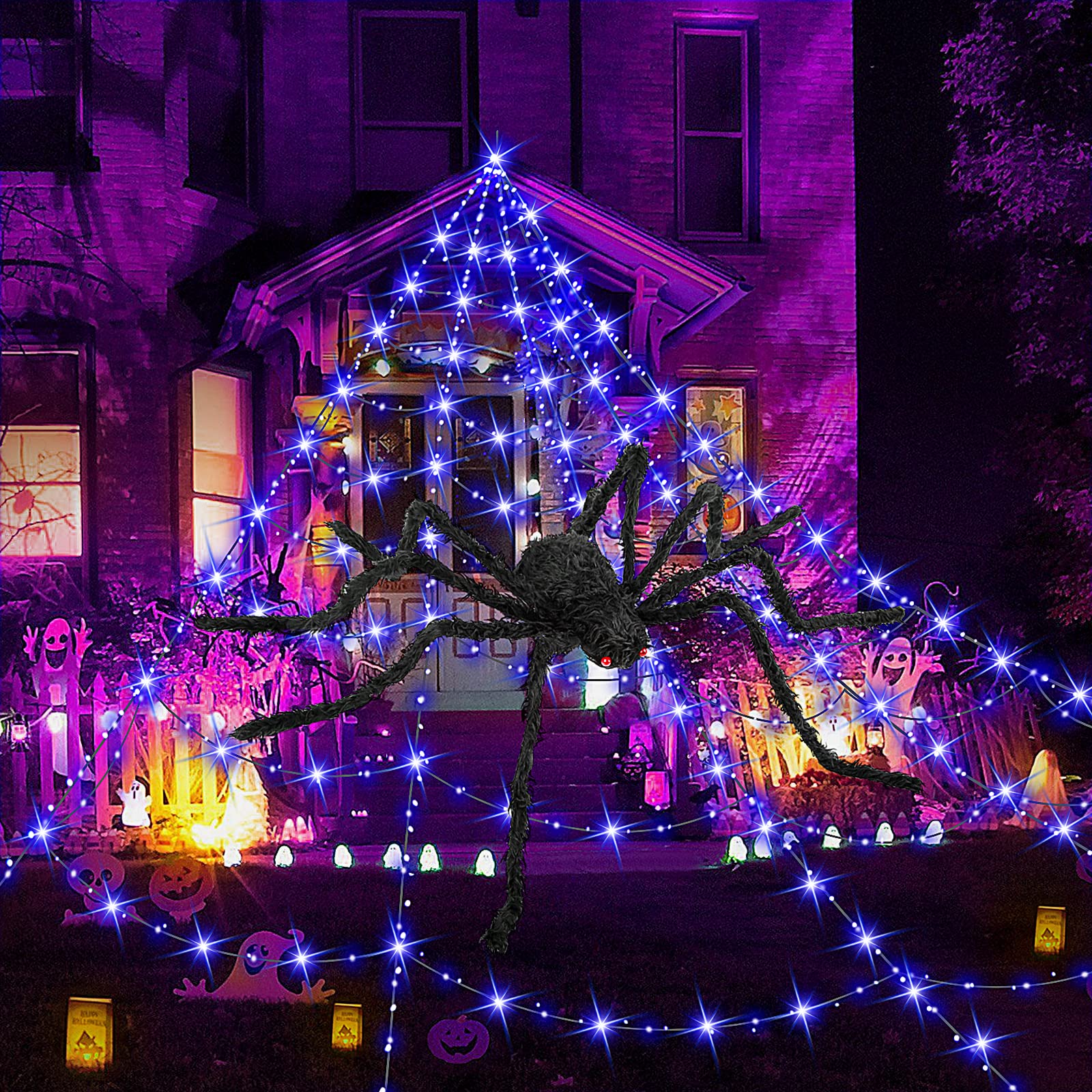400 LED Purple Halloween Spider Web Lights - 197 Inch Glow in the Dark Decor for Indoor Outdoor Haunted House Party | Spooky Home & Yard Decoration for Trick or Treat, Halloween Night