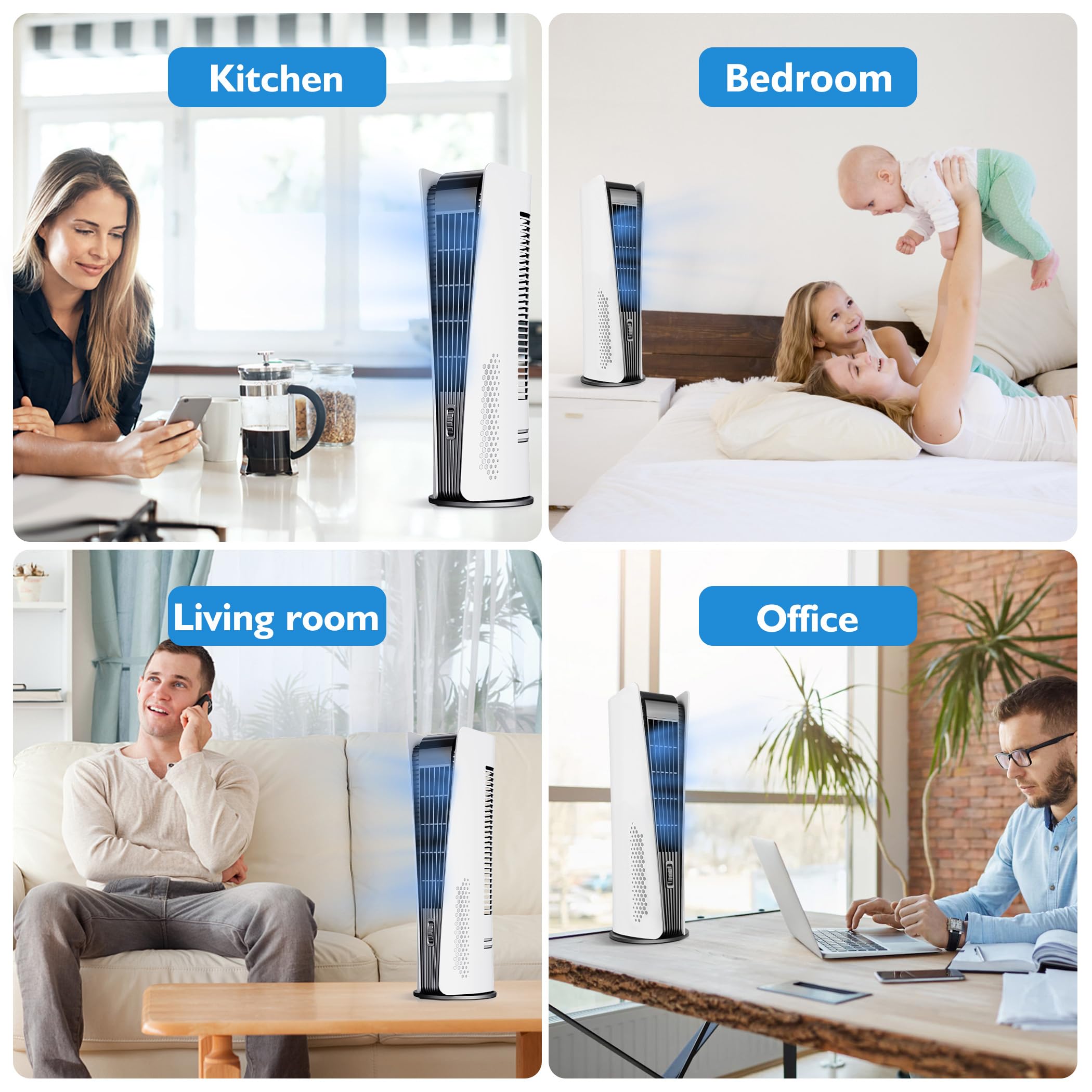 Quiet 90° Oscillating Bladeless Tower Fan with 3 Speeds, Timer & LED Display - Rechargeable Portable Floor Fan for Bedroom, Home Office | Cooling Breeze for Night Sleep & Workspace Comfort