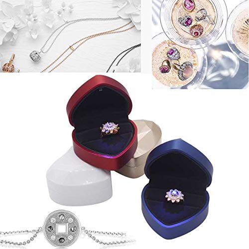 Heart Shaped Velvet Ring Box with LED Light - Perfect for Wedding, Proposal & Engagement - Elegant Blue Jewelry Gift Box for Couples