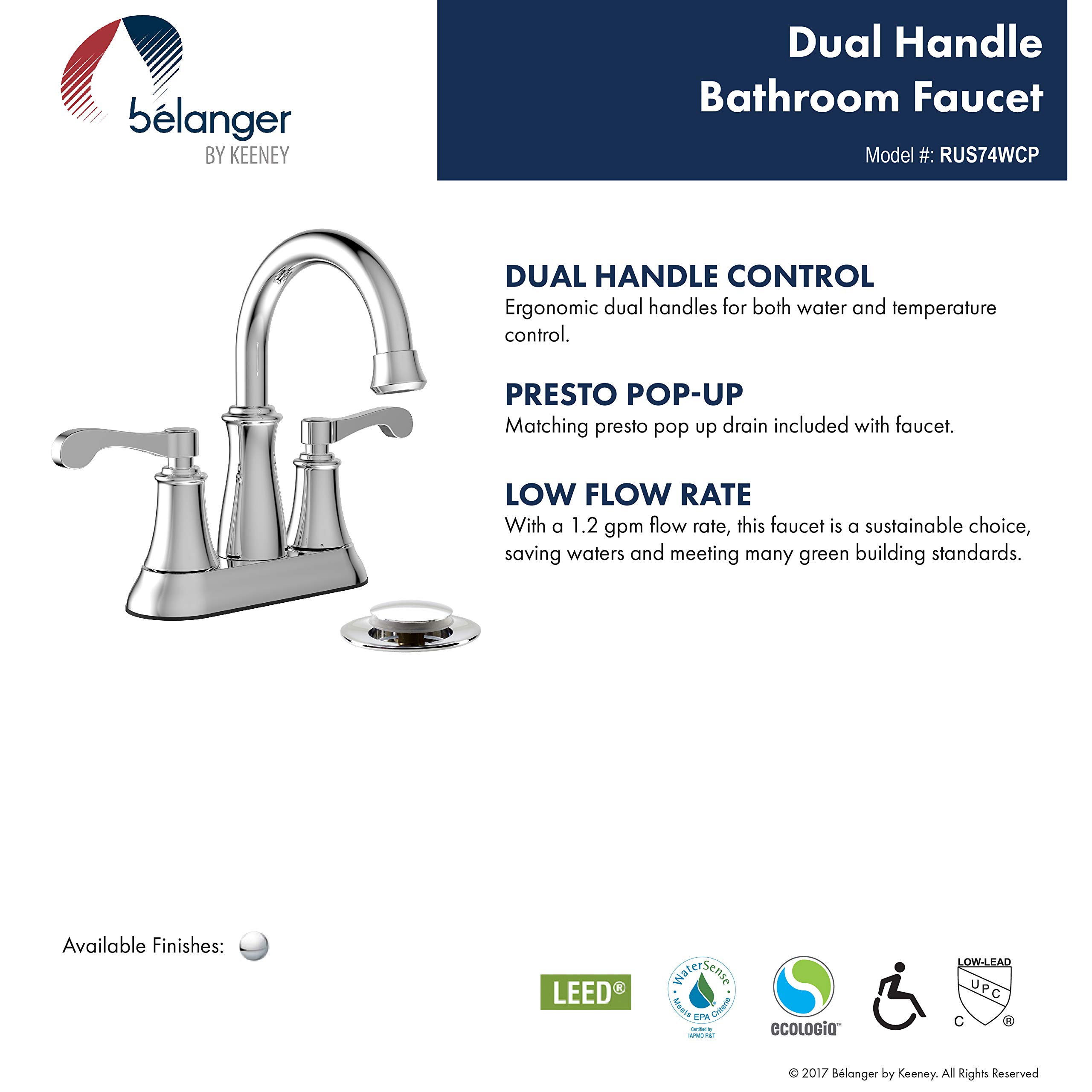 Keeney RUS74WCP Polished Chrome Bathroom Sink Faucet - Modern Water-Saving Design for Bathroom Vanity, Powder Room & Guest Bath Installation