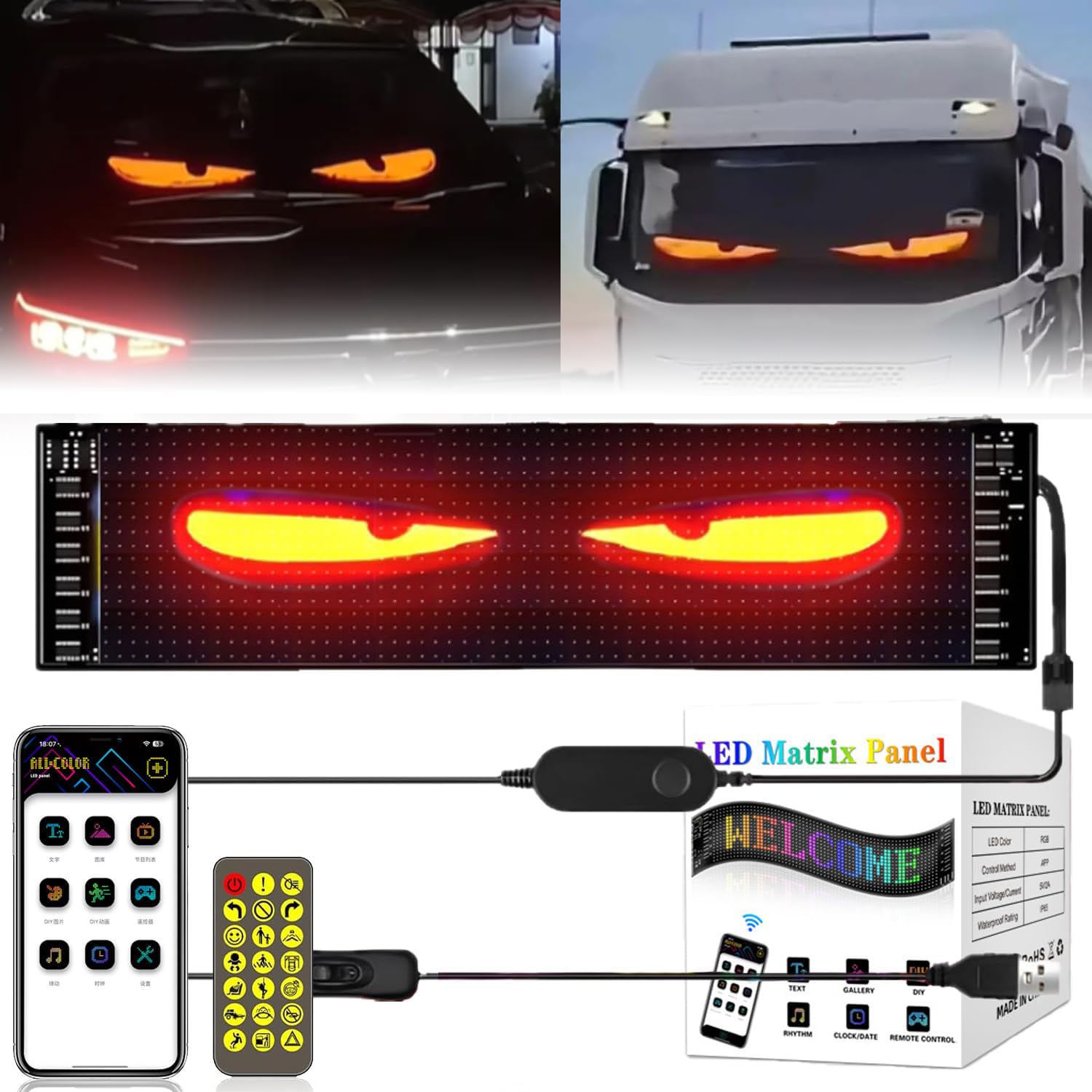 Programmable Flexible LED Car Devil Eyes Light - Colorful Dynamic Eye Lamp for Car Windows, DIY Smart LED Display for Vehicles (1 Pack) - Perfect for Custom Car Decor, Halloween & Themed Events
