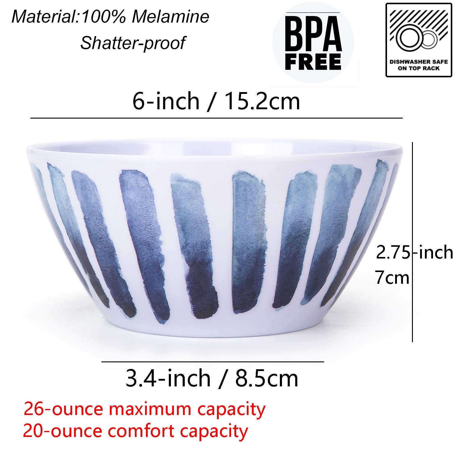 KX-WARE 6-Inch Blue Stripe Melamine Bowls - Set of 6, Durable 100% Melamine Dishware for Cereal, Soup, Salad & Desserts - Perfect for Indoor, Outdoor Dining, Picnics & Party Serving