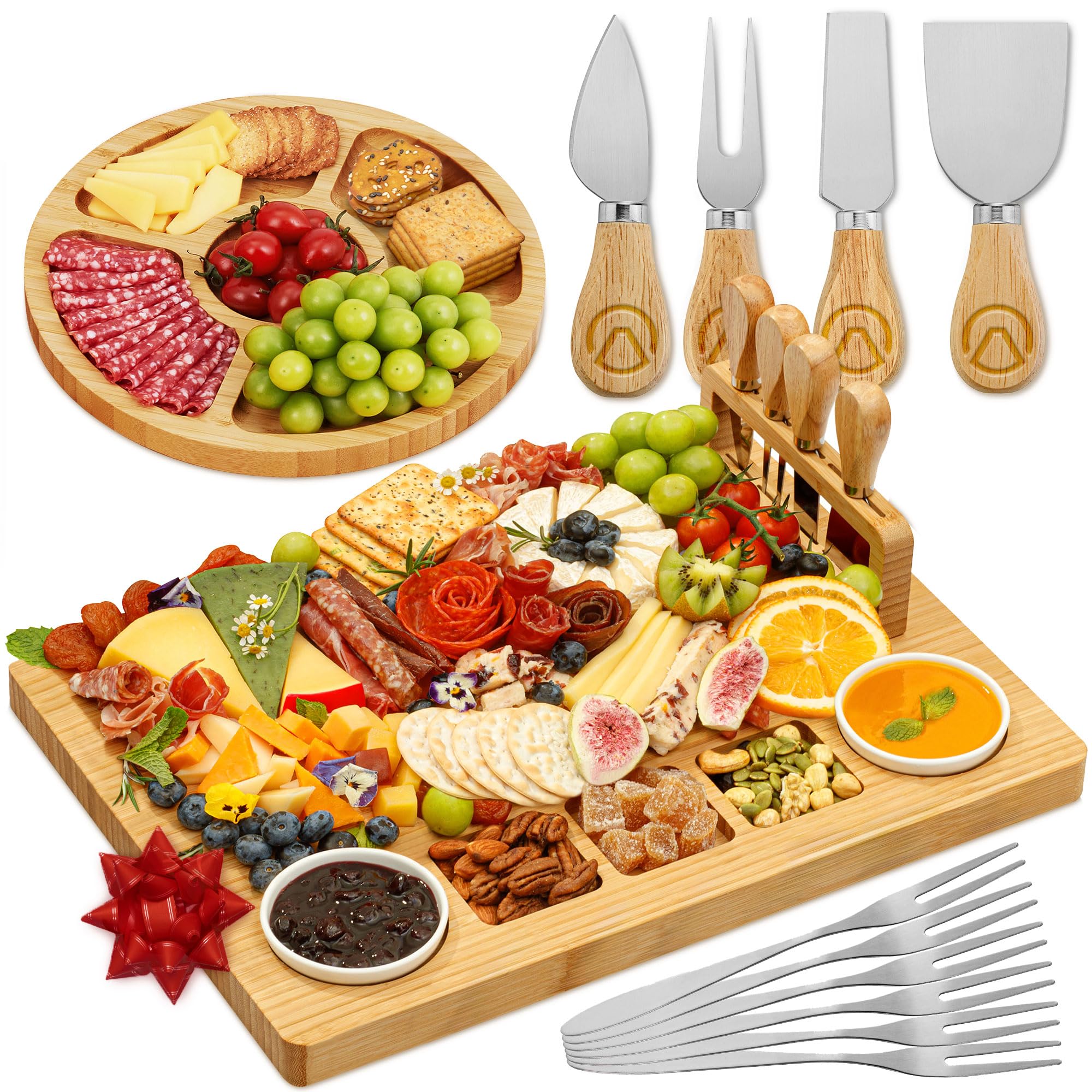 Premium Bamboo Charcuterie Board Set - 15-Piece Large Cheese & Fruit Serving Tray with Magnetic Knife Holder, Forks & Ceramic Dishes - Perfect for Birthday Gifts, Dinner Parties & Entertaining