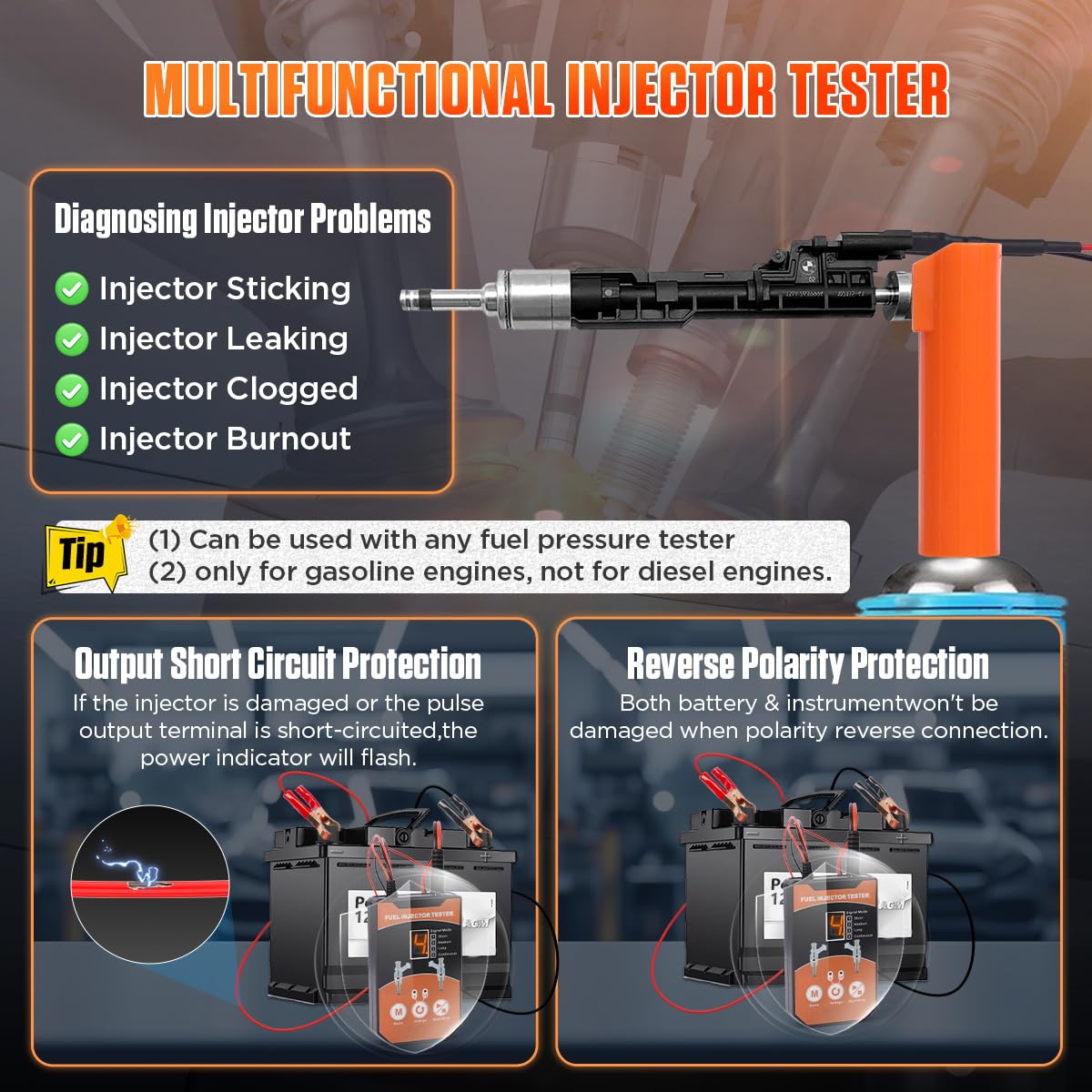 Universal Fuel Injector Cleaner Kit - 8 Pulse Modes Tester & Cleaning Tool with 6 Size Adapters (12V/5V Output) | DIY Car Maintenance for Improved Engine Performance & Fuel Efficiency