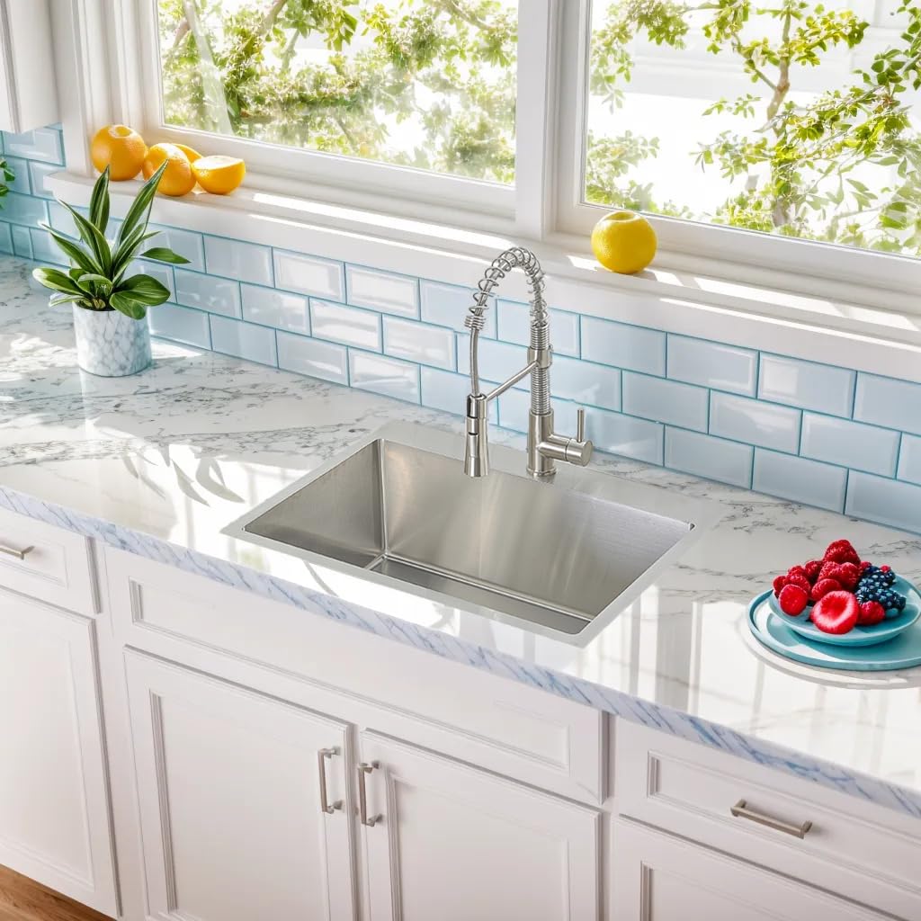 VCCUCINE 22x18 Inch Drop-in Kitchen Sink - 16 Gauge Topmount Stainless Steel RV Small Bar Sink with Strainer - Handmade Brushed Nickel Prep Sink for Outdoor, Wet Bar & RV Kitchen Use
