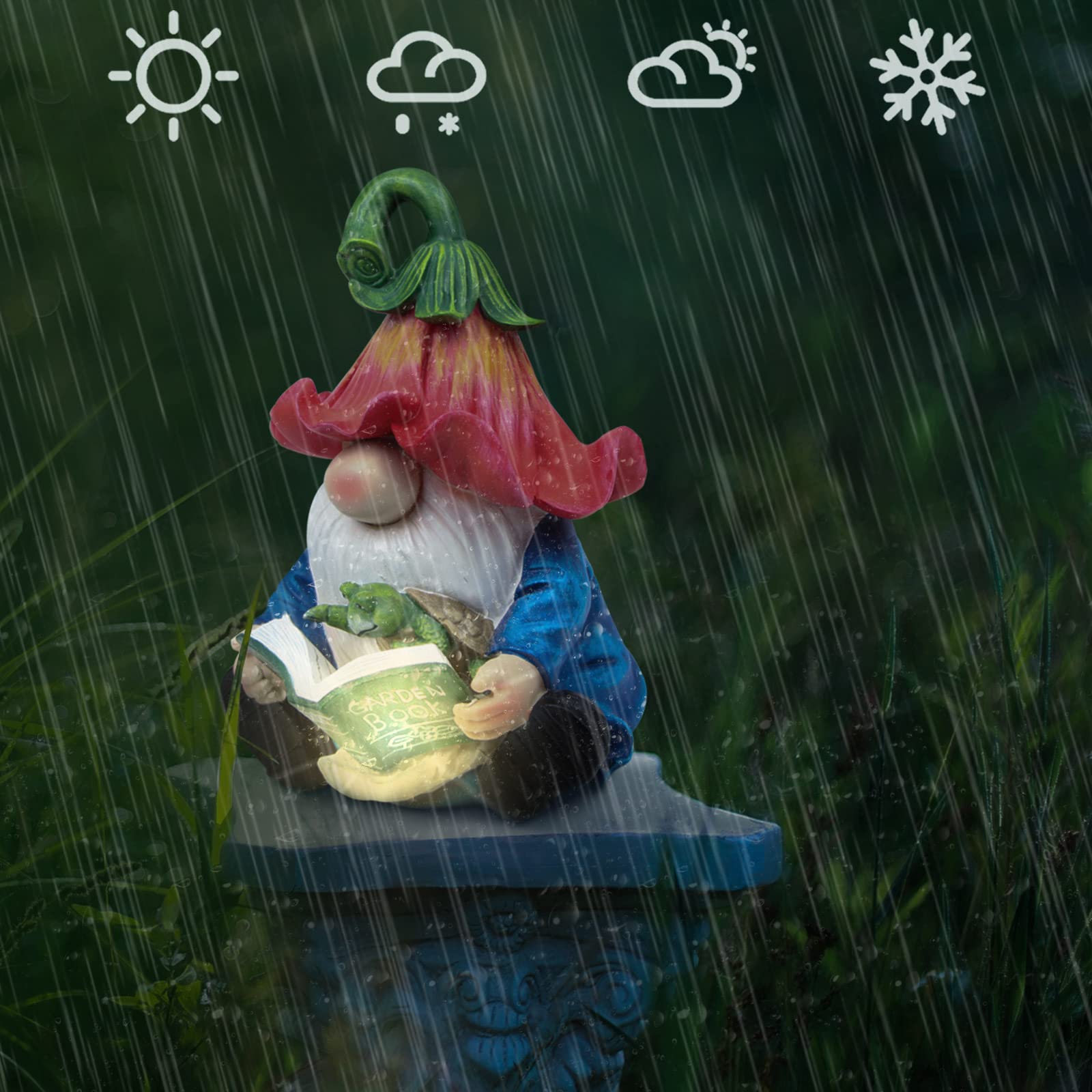 Solar LED Garden Gnome Statue - Resin Gnome Figurine Hugging Turtle Reading Book, Outdoor Decor for Patio, Yard, Lawn & Porch - Perfect Summer Garden Ornament Gift for Nature Lovers & Book Enthusiasts