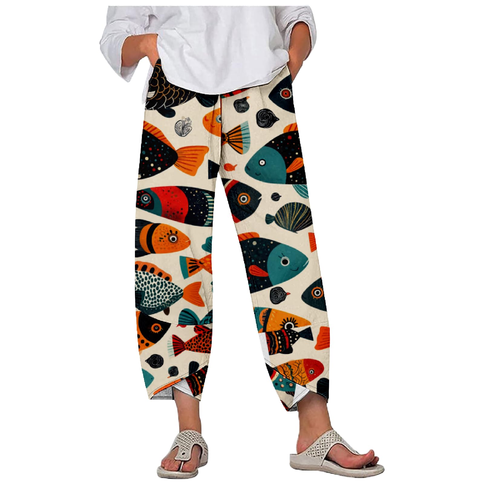 Floral Pants for Women - Bohemian Capri Tulip Pants with Pockets for Casual Outfits