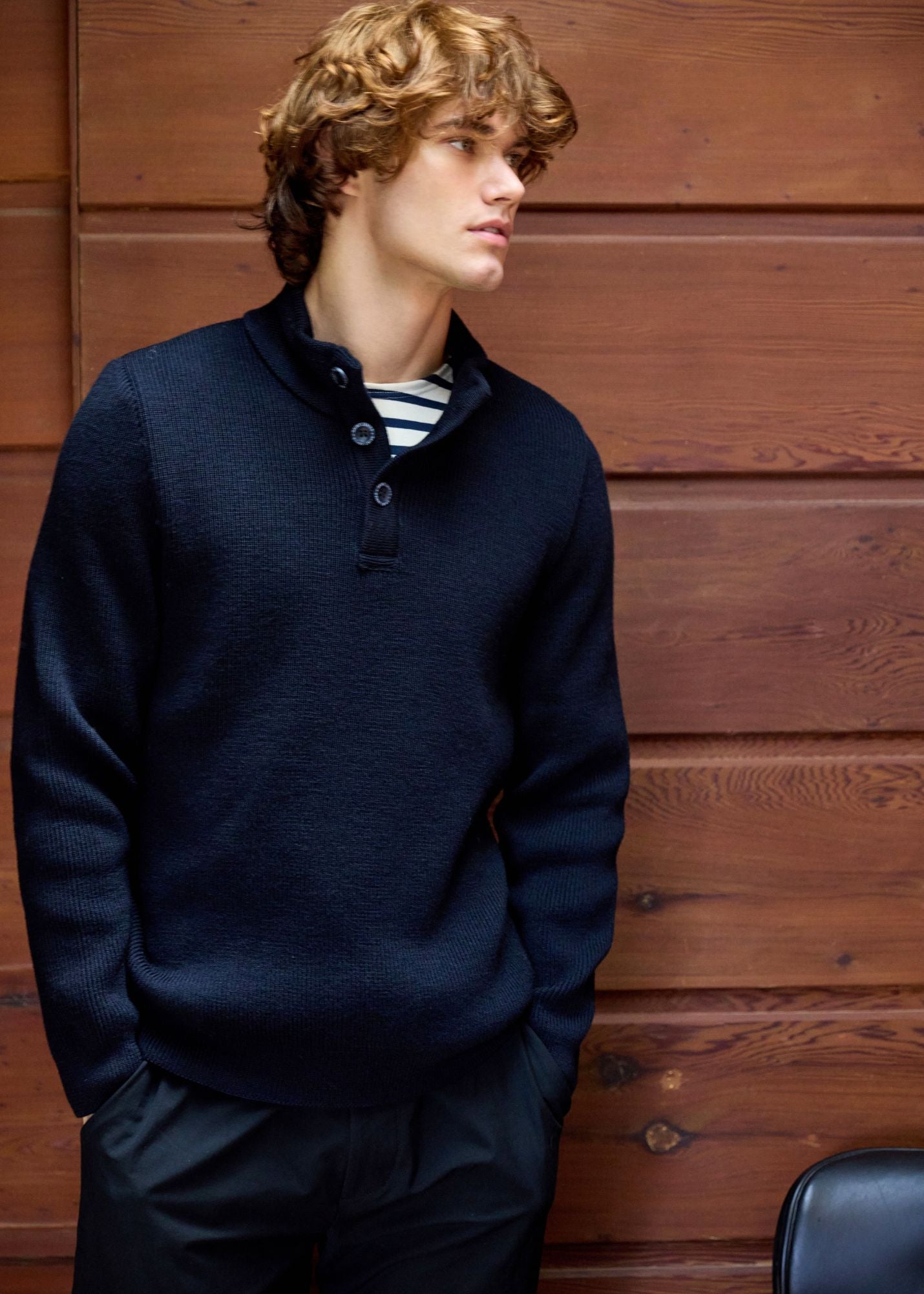 BOURBOULE Men's 100% Wool Buttoned High Collar Sweater | Comfort Fit Winter Pullover | Navy Blue | Office Wear & Casual Outfits