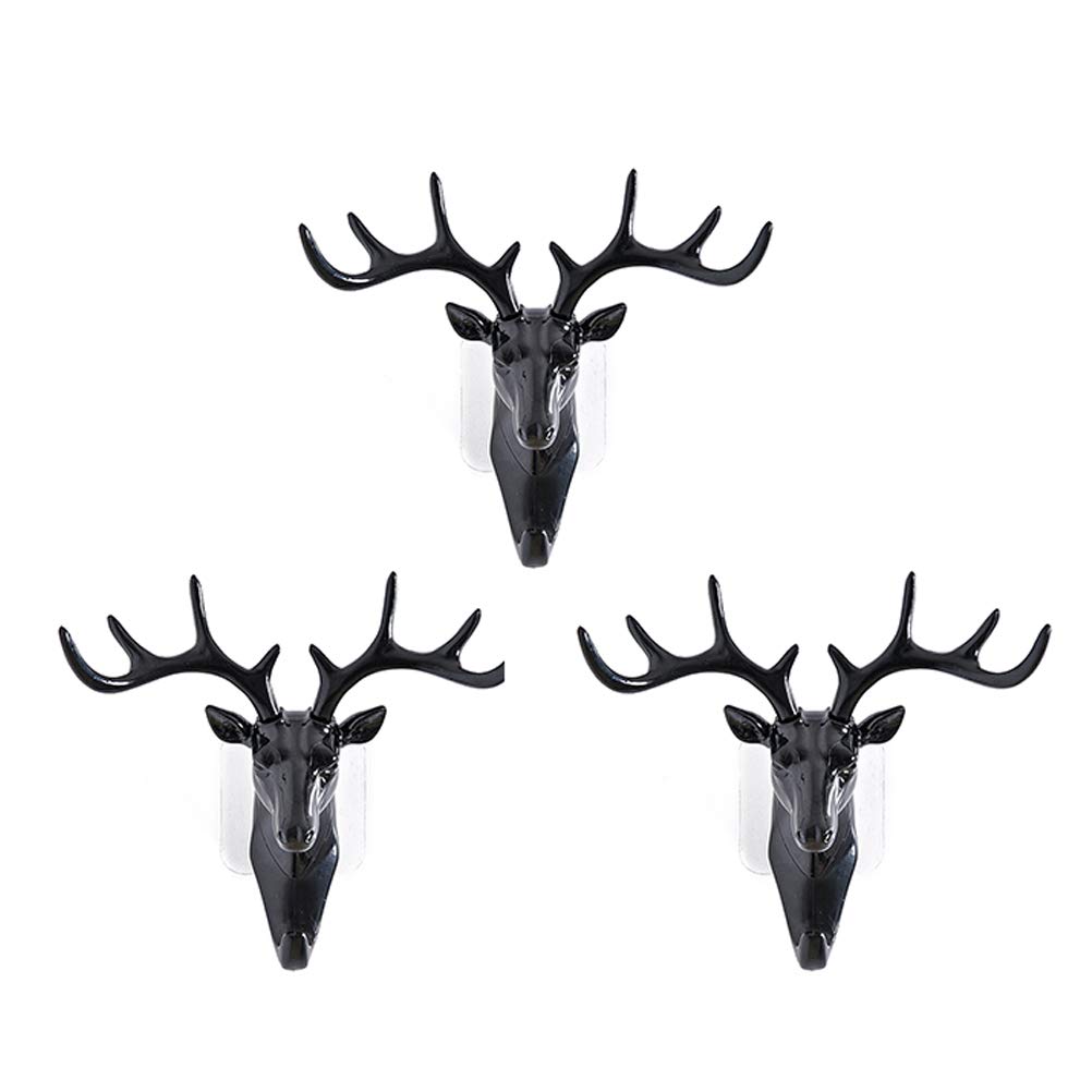3-Pack Creative Antler Hooks for Wall - Heavy Duty Coat Hooks, Hat Hangers, Key Holders & Grocery Bag Hooks - Rustic Home Decor for Living Room, Bedroom, Coffee Bar & Entryway (Black)
