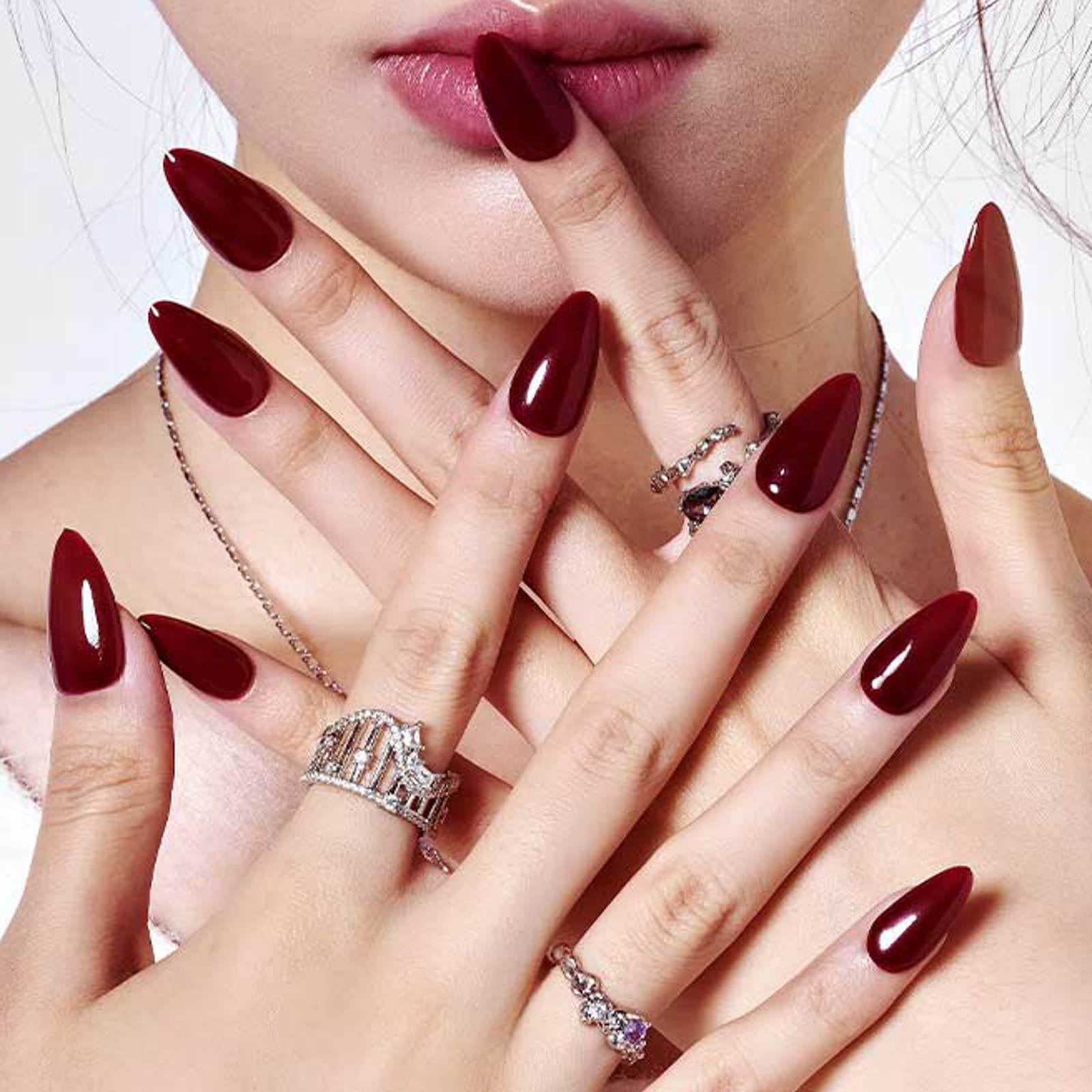 GLAMERMAID Cherry Red Press on Nails - Medium Almond Shape, Handmade Jelly Soft Gel Fake Nails - Dark Red Glue on Nails Stiletto & Burgundy Emo Style - Reusable Acrylic Stick on False Nails Kit for Women - Perfect for Parties, Weddings, Date Nights & Everyday Glam